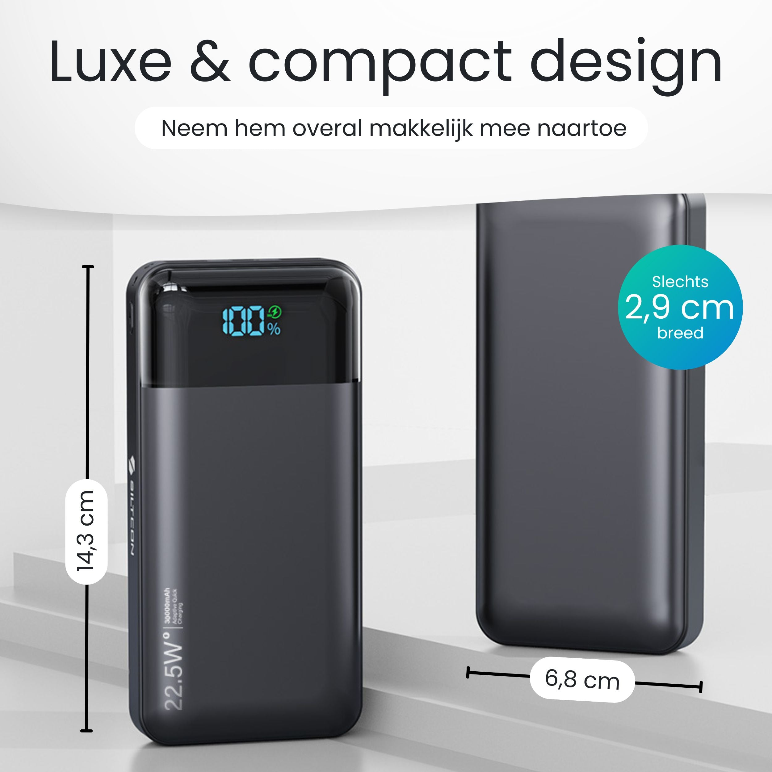 Two dark gray power banks shown. One displays 100% charge. Dimensions are 14.3cm tall, 6.8cm wide.