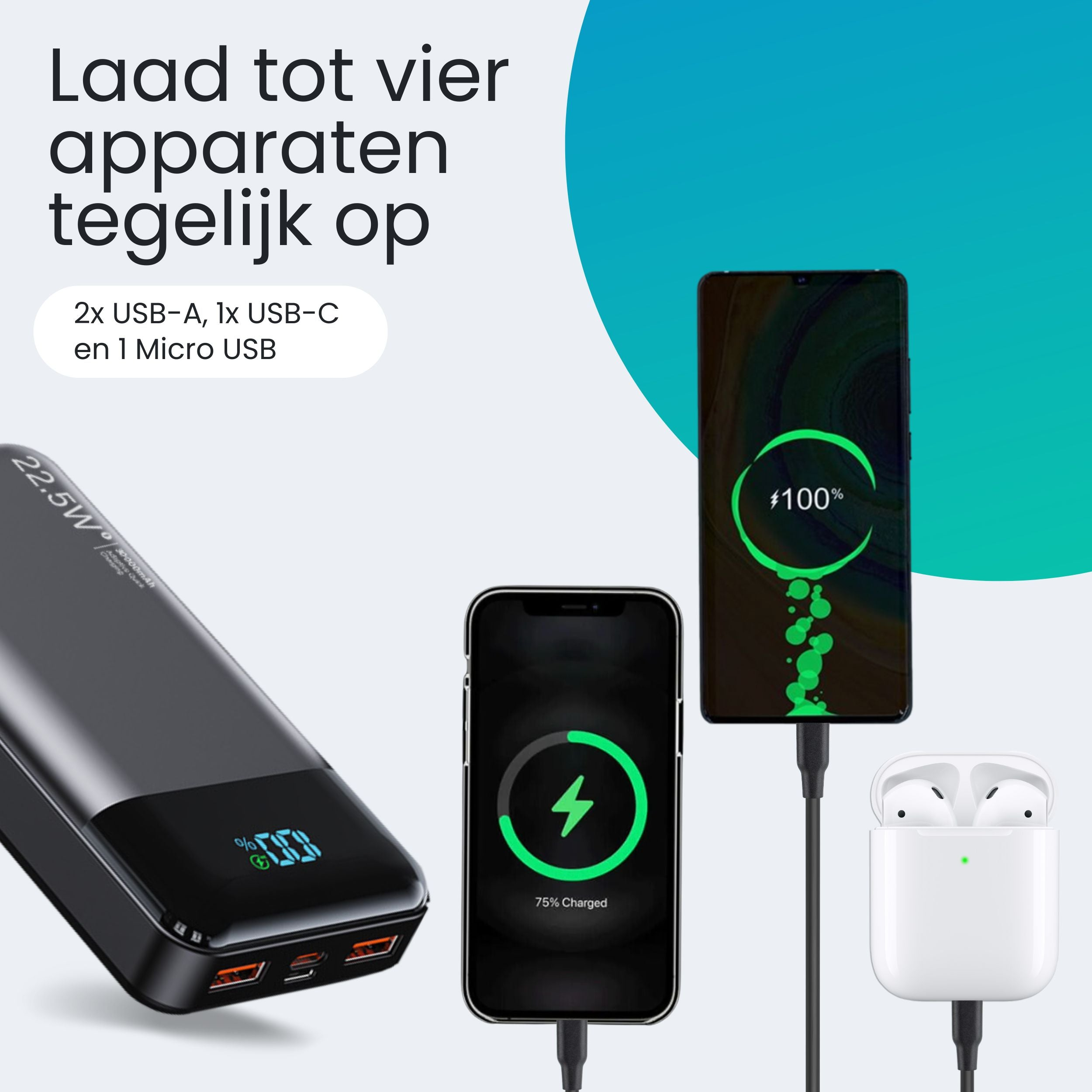 Power bank charges a smartphone (100%) and earbuds (75%).