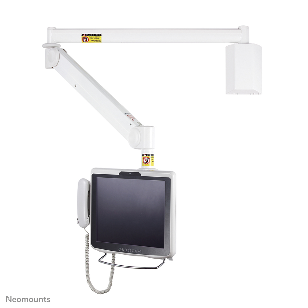 A white medical monitor with a handset is mounted on an adjustable arm.