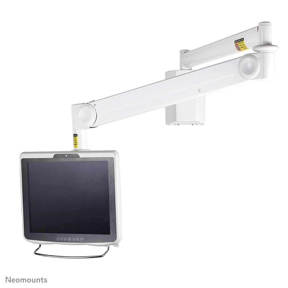 A white adjustable monitor arm holding a flat-screen monitor against a white background.