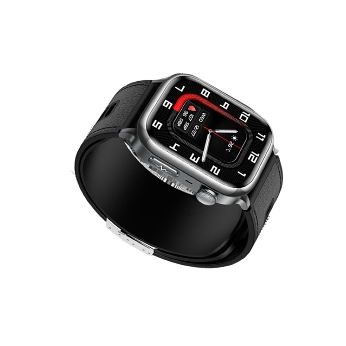 Silberne Smartwatch mit schwarzem Lederarmband, zeigt Uhrzeit, Datum und Gesundheitsdaten.