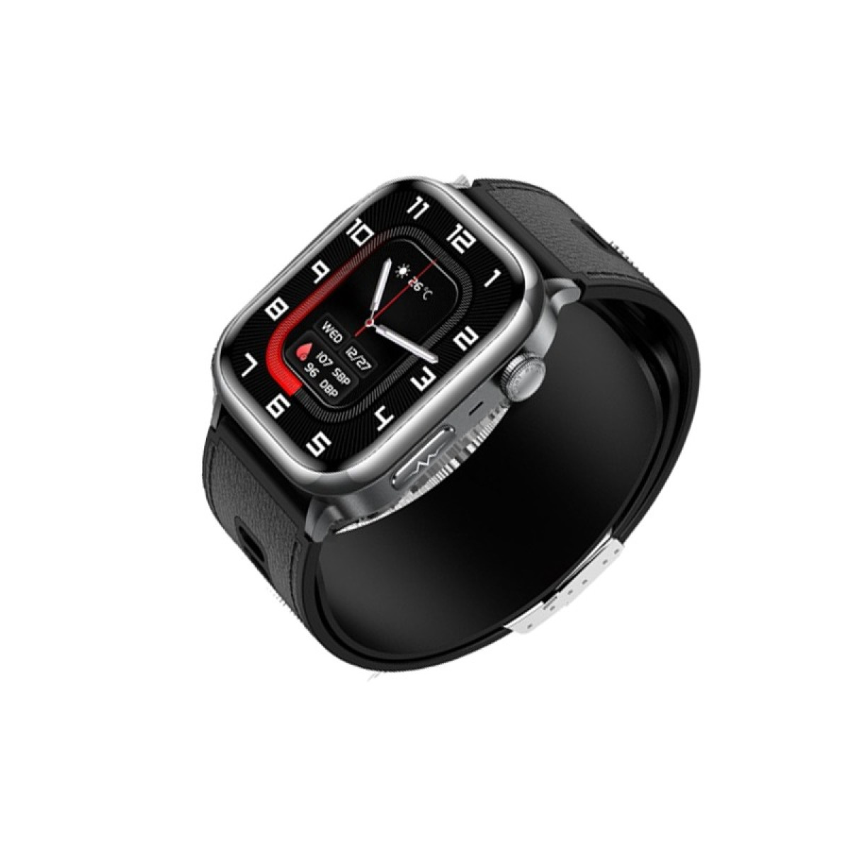 Eine Smartwatch mit schwarzem Lederarmband zeigt Uhrzeit, Datum und Gesundheitsdaten auf dem Bildschirm.