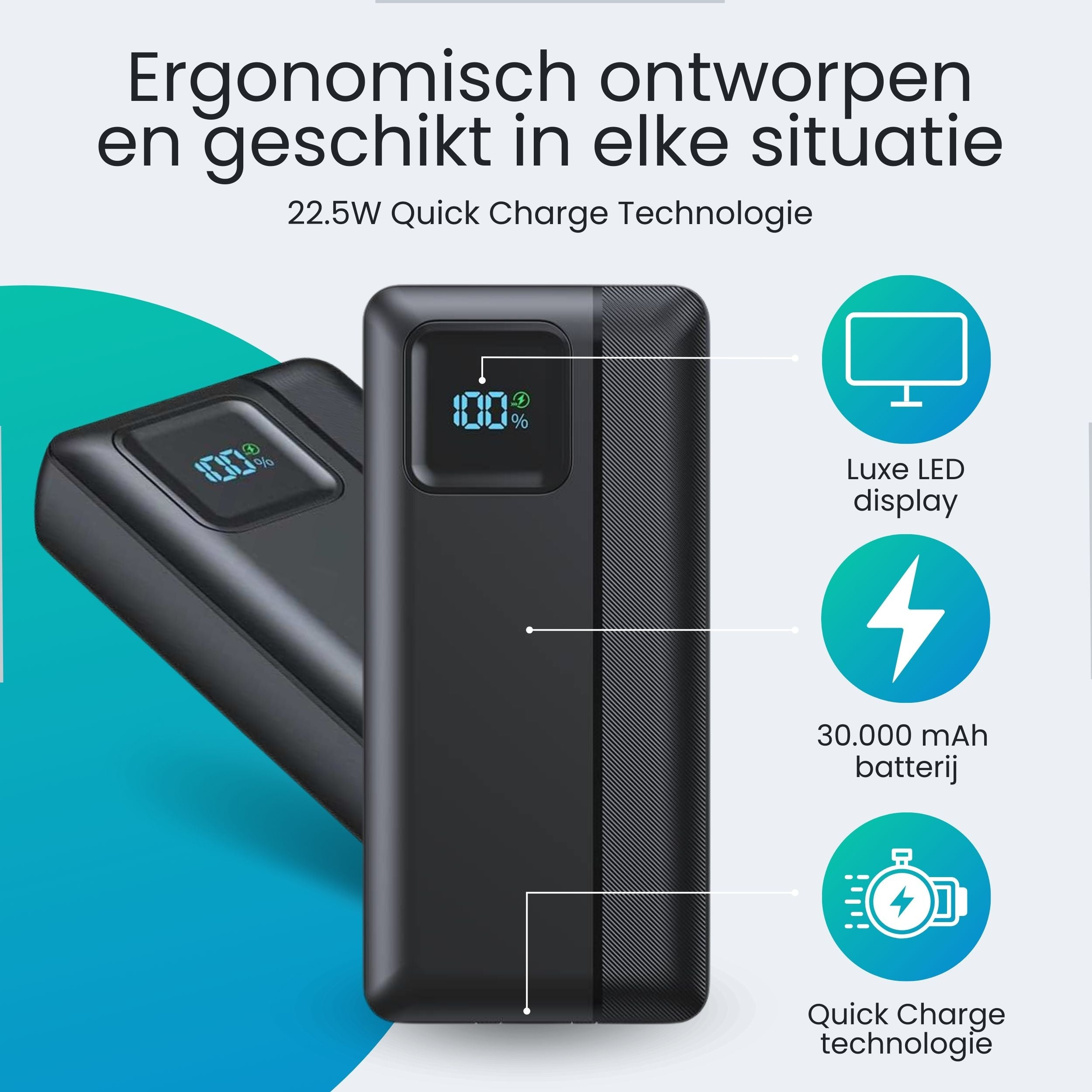 Black power bank with LED display showing 100% charge, 30000mAh battery.