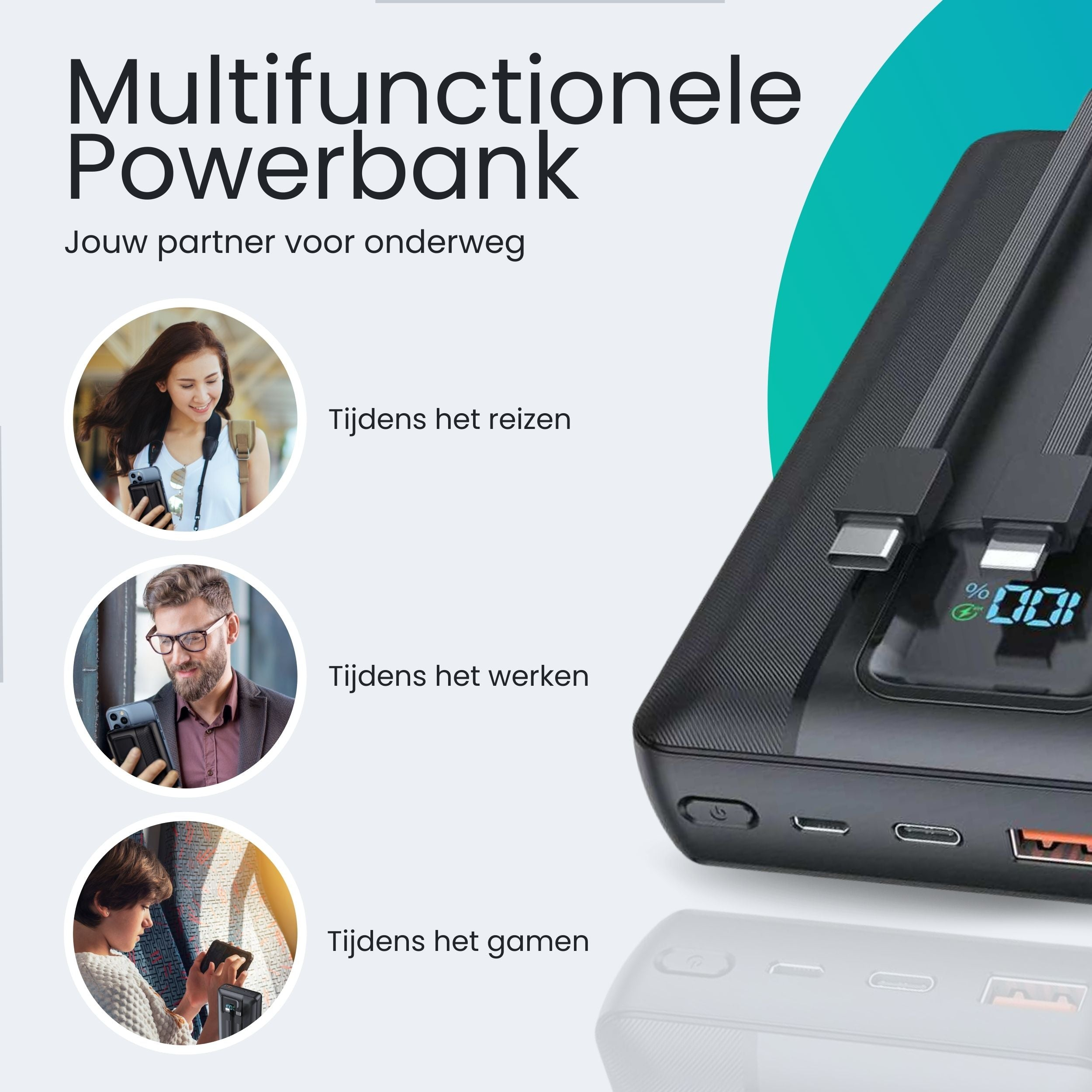 A power bank with a display, showing various usage scenarios.