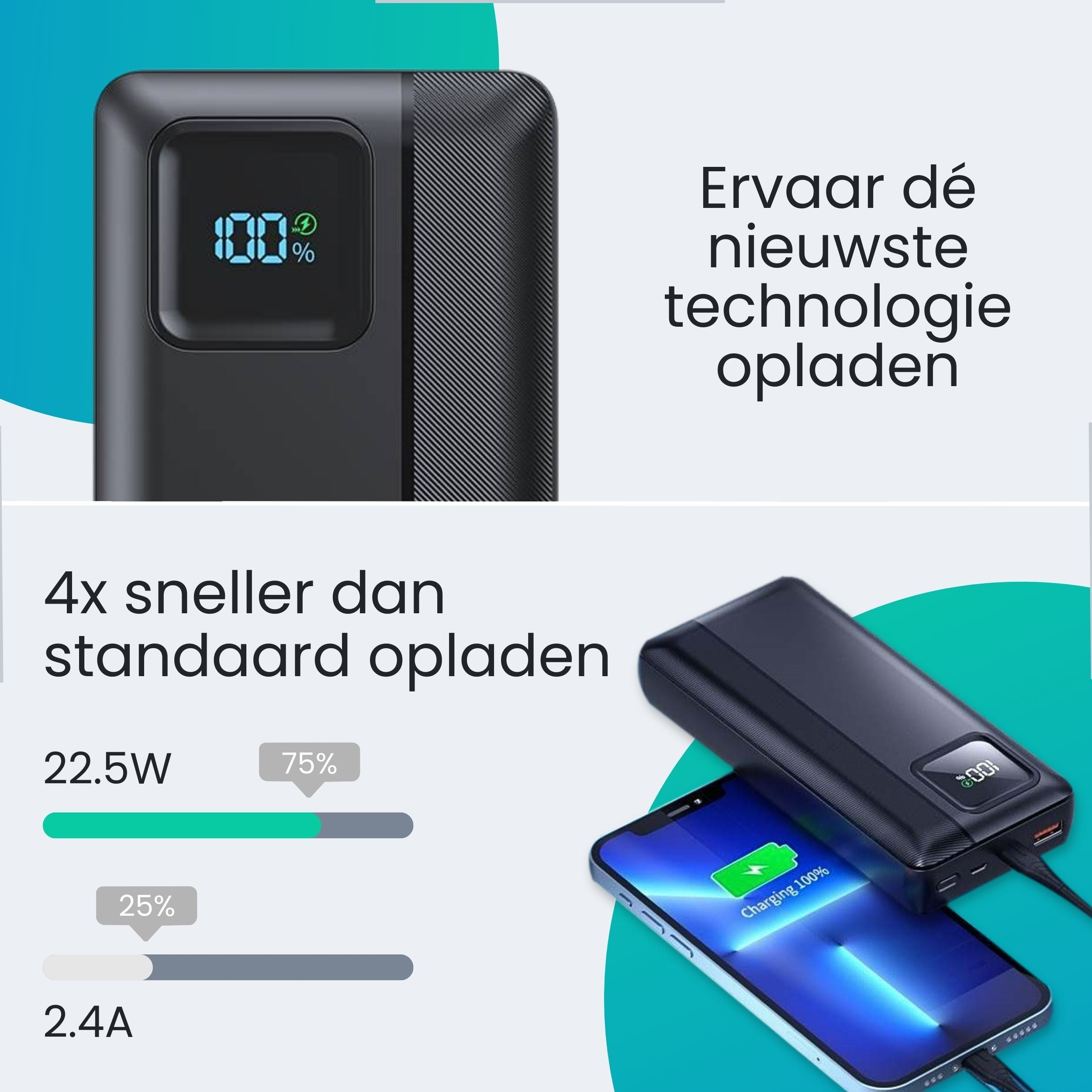 Black power bank charges iPhone to 100%. Data shows 22.5W, 75%, and 25%.