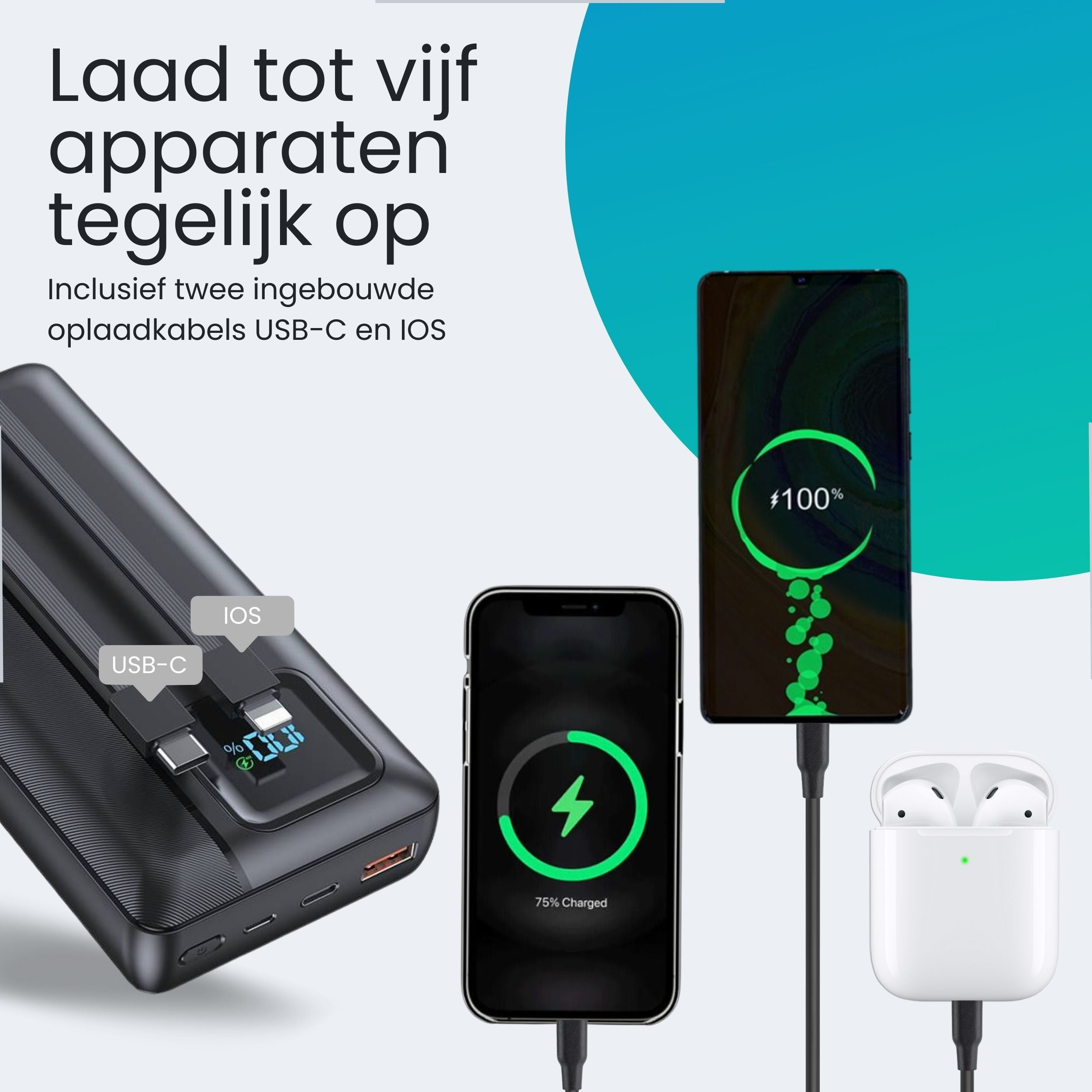 Power bank charging phone and earbuds. Phone shows 100% and 75% charged.