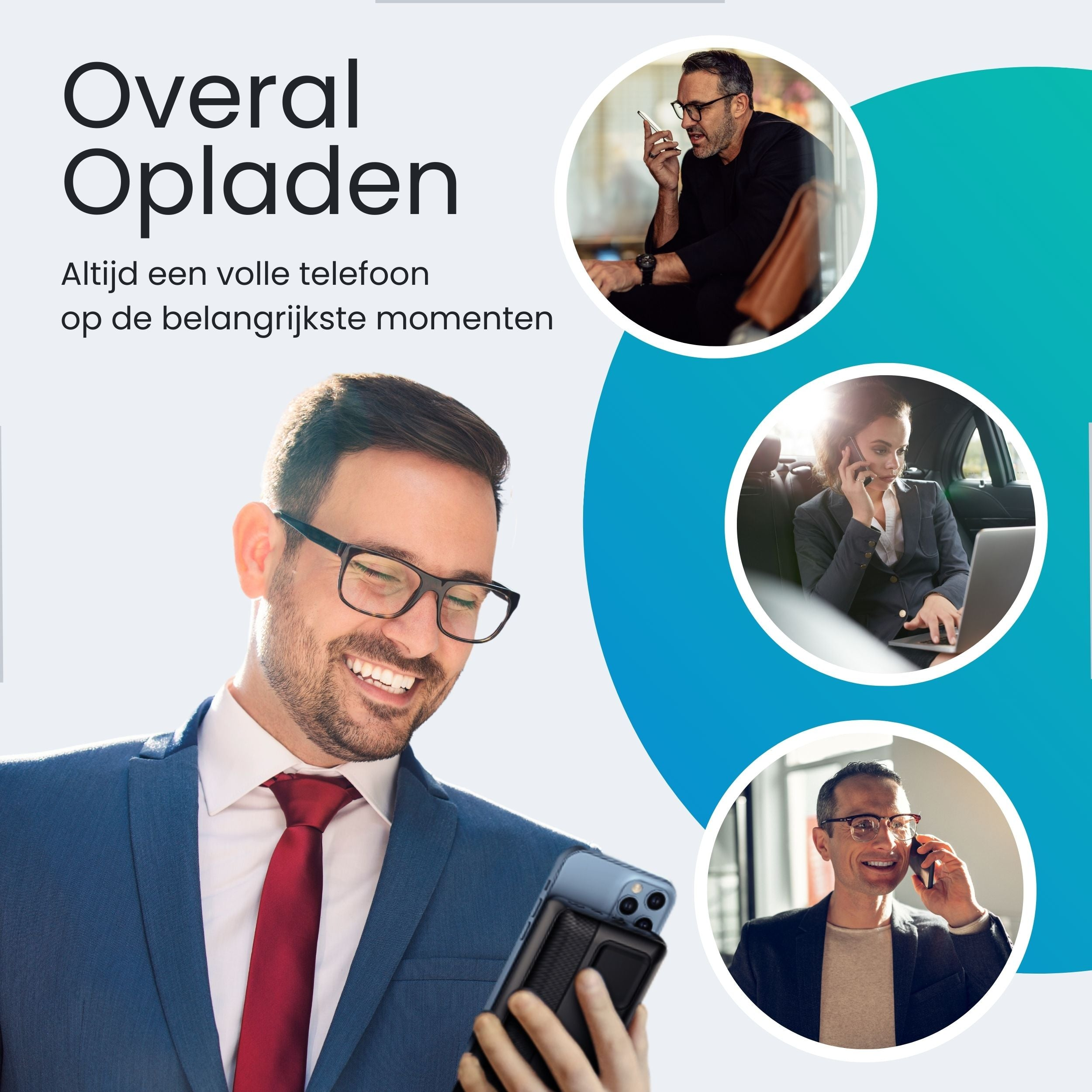 A man in a suit holds a phone with a power bank. Three images of men and a woman on calls.