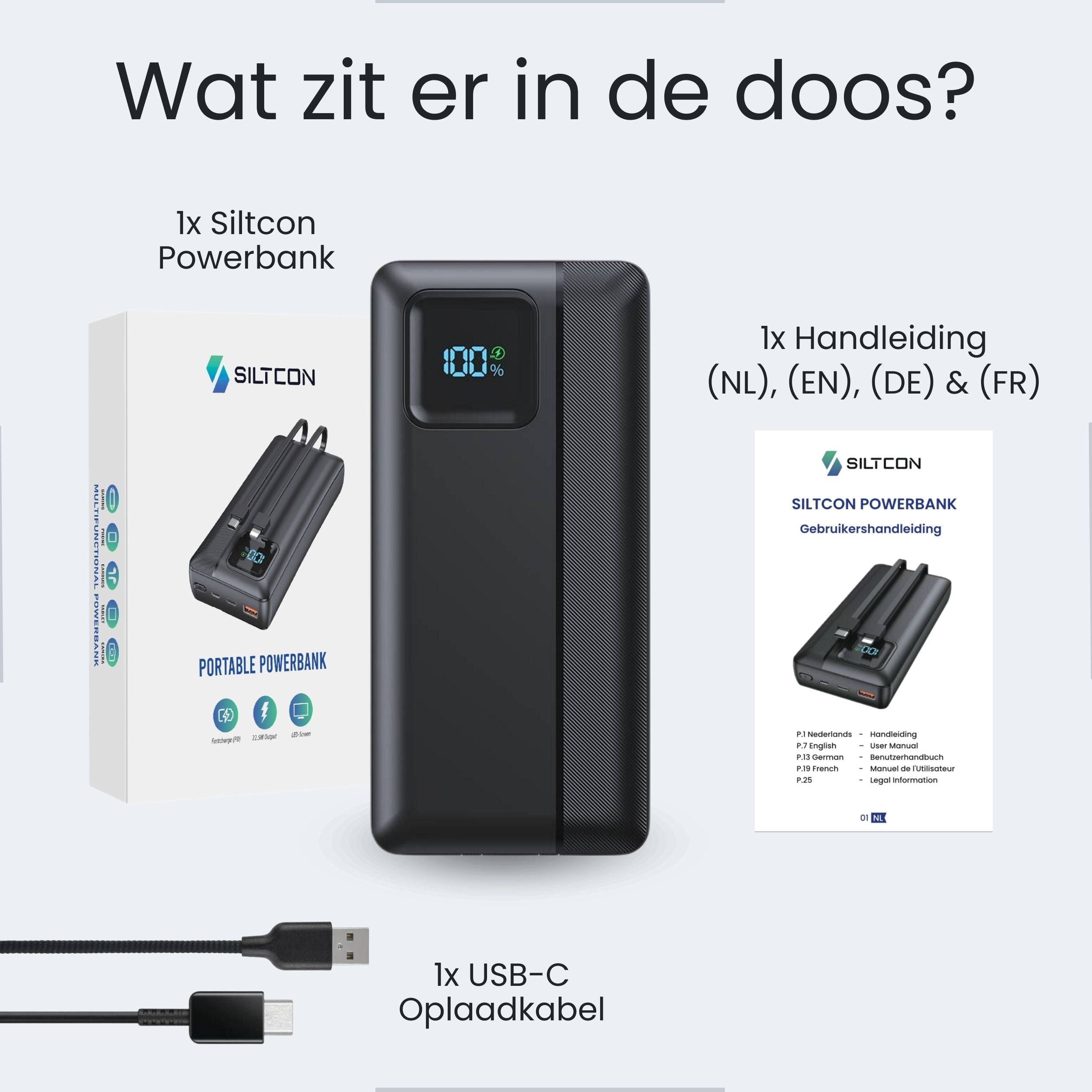 Box contents: Siltcon powerbank, USB-C cable, and manual in 4 languages.
