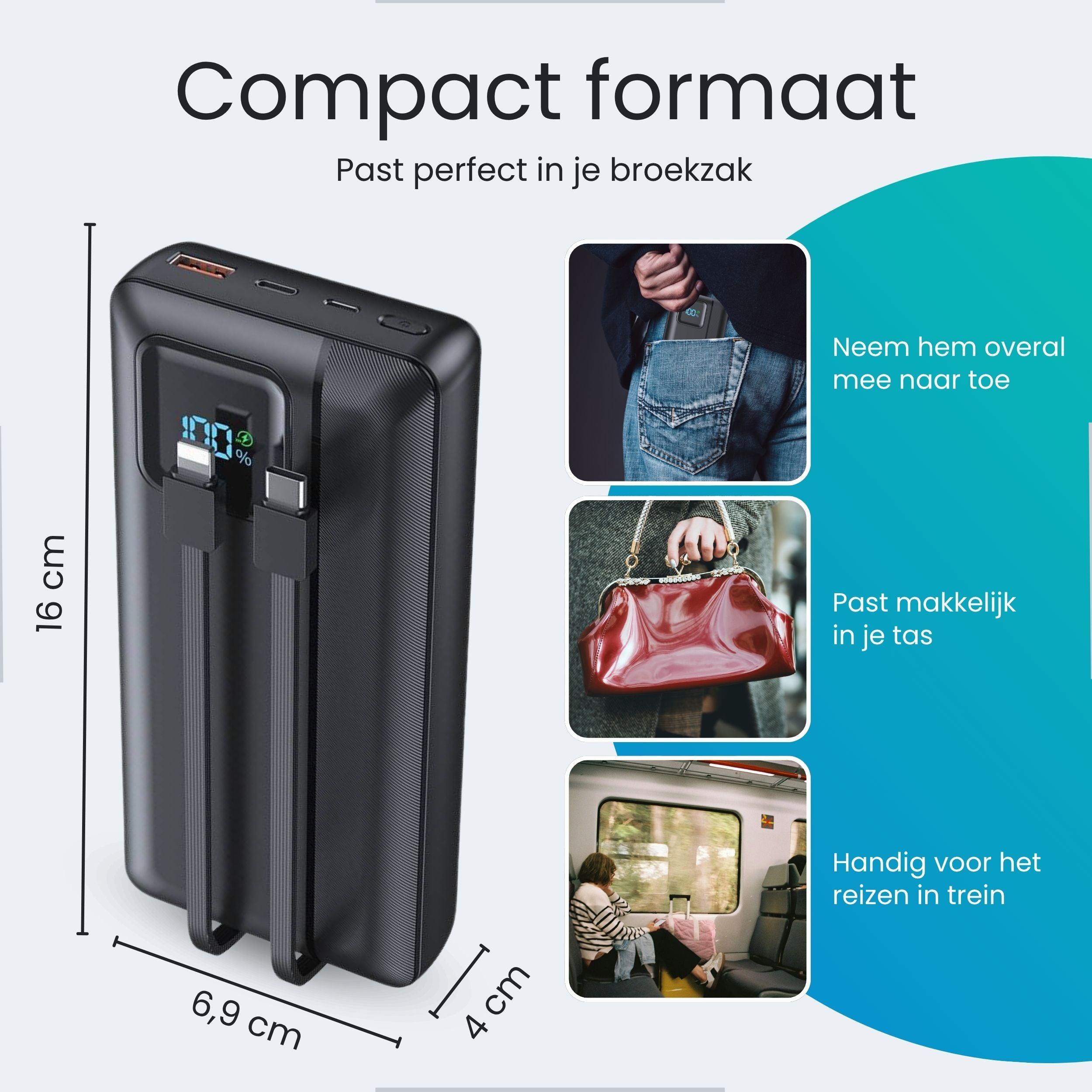 Black power bank, 16x6.9x4cm, 100% charge. Fits in pocket/bag, useful on train.