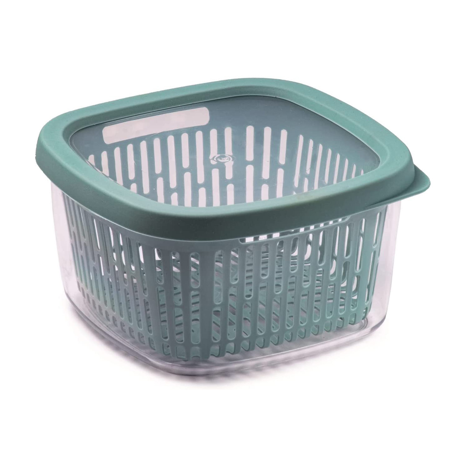Uno scolapasta quadrato in plastica verde acqua con coperchio trasparente e fori di drenaggio.