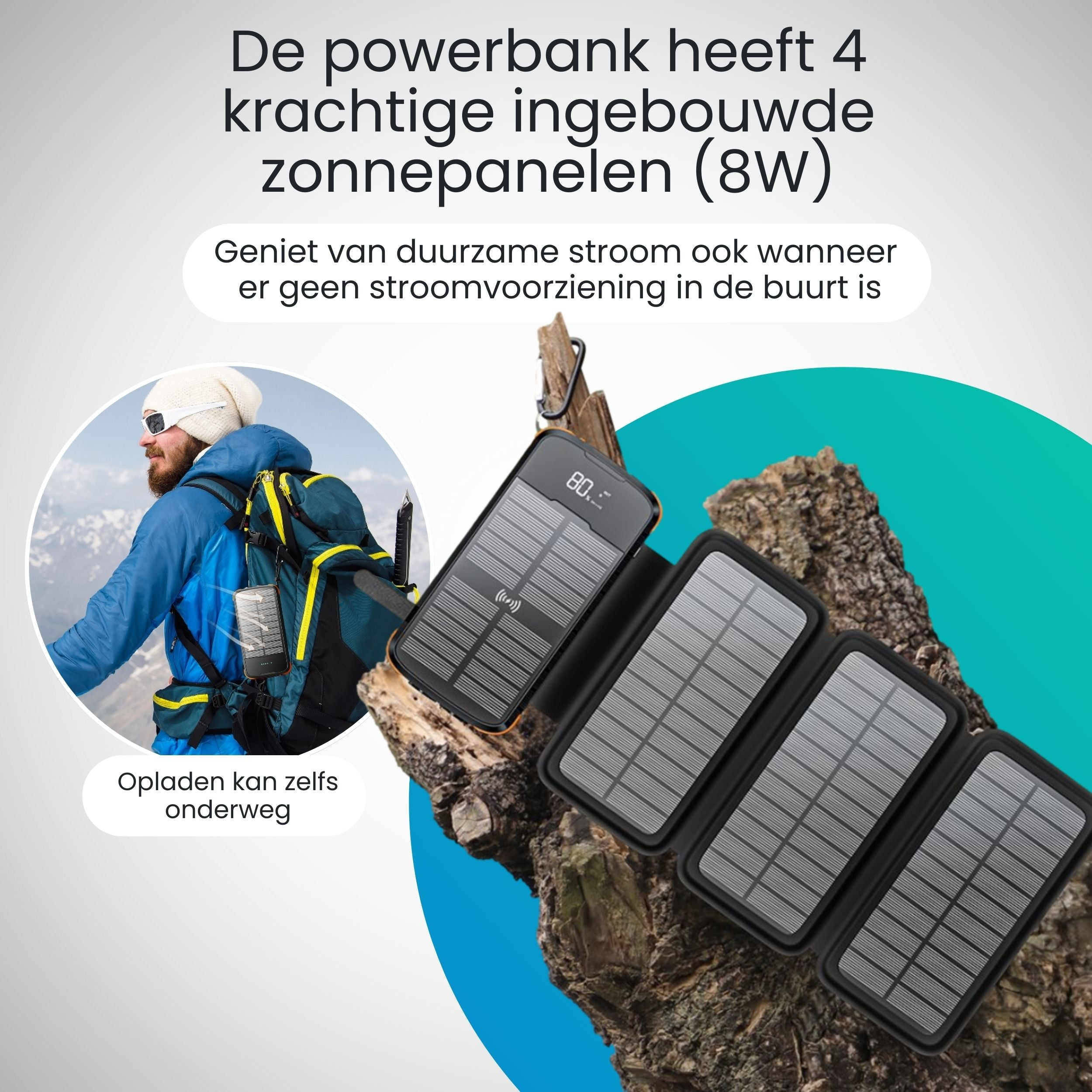 Powerbank with 4 solar panels, charges on the go. Man in snow.