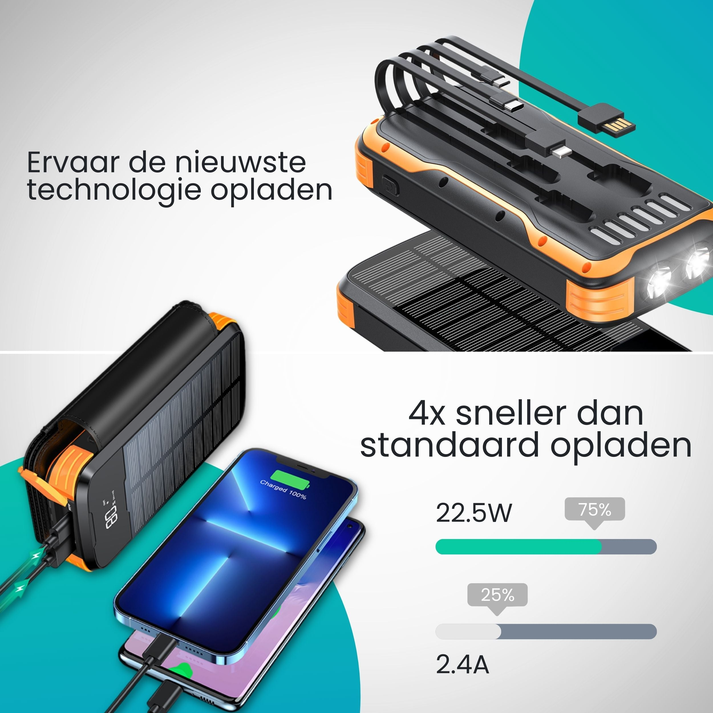 An orange and black solar charger is charging two smartphones.