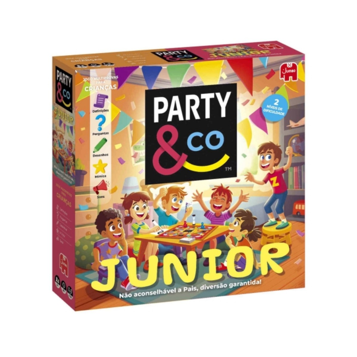 Scatola del gioco da tavolo Party & Co Junior, con bambini che giocano e categorie.
