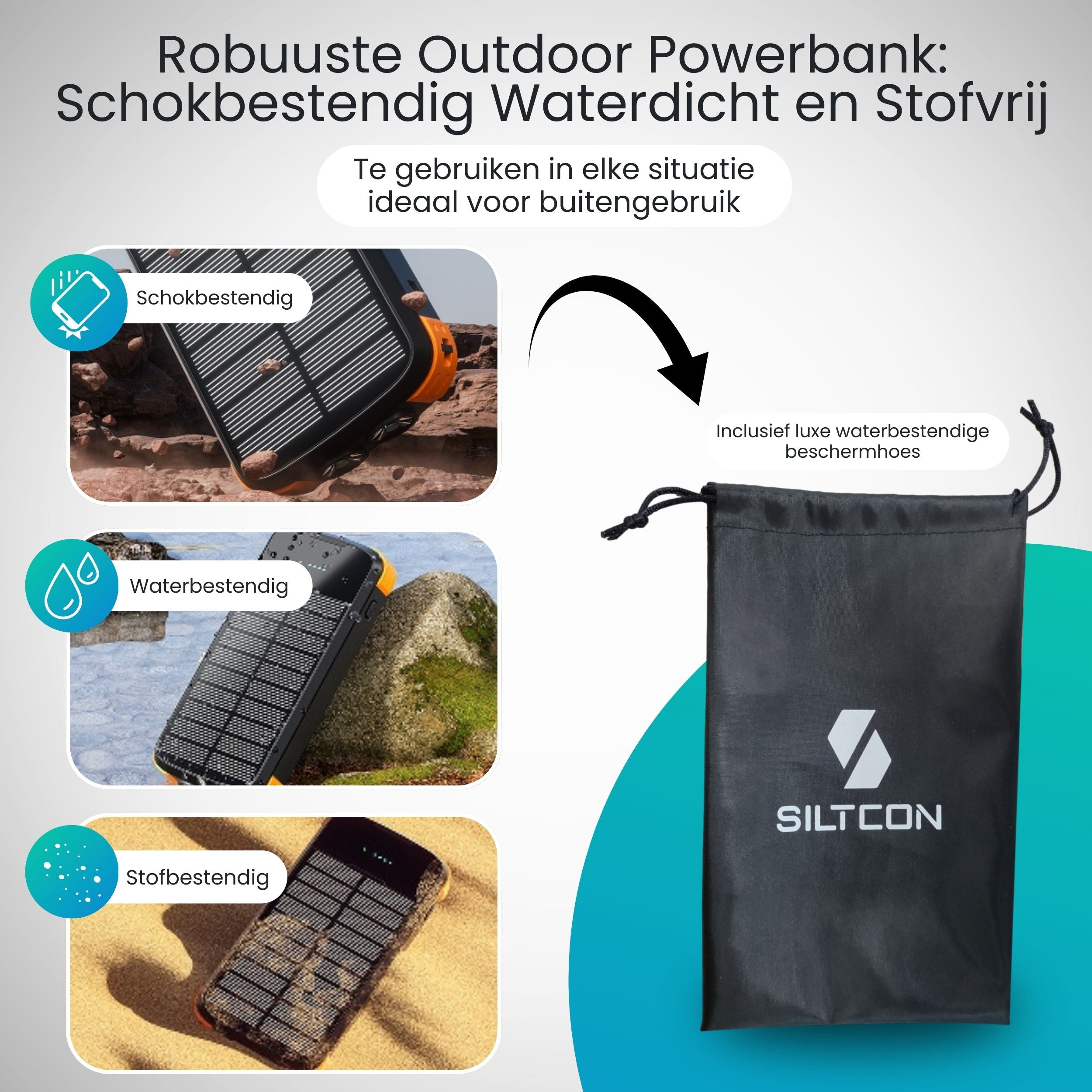 Rugged outdoor power bank with solar panel, shockproof, waterproof, and dustproof.
