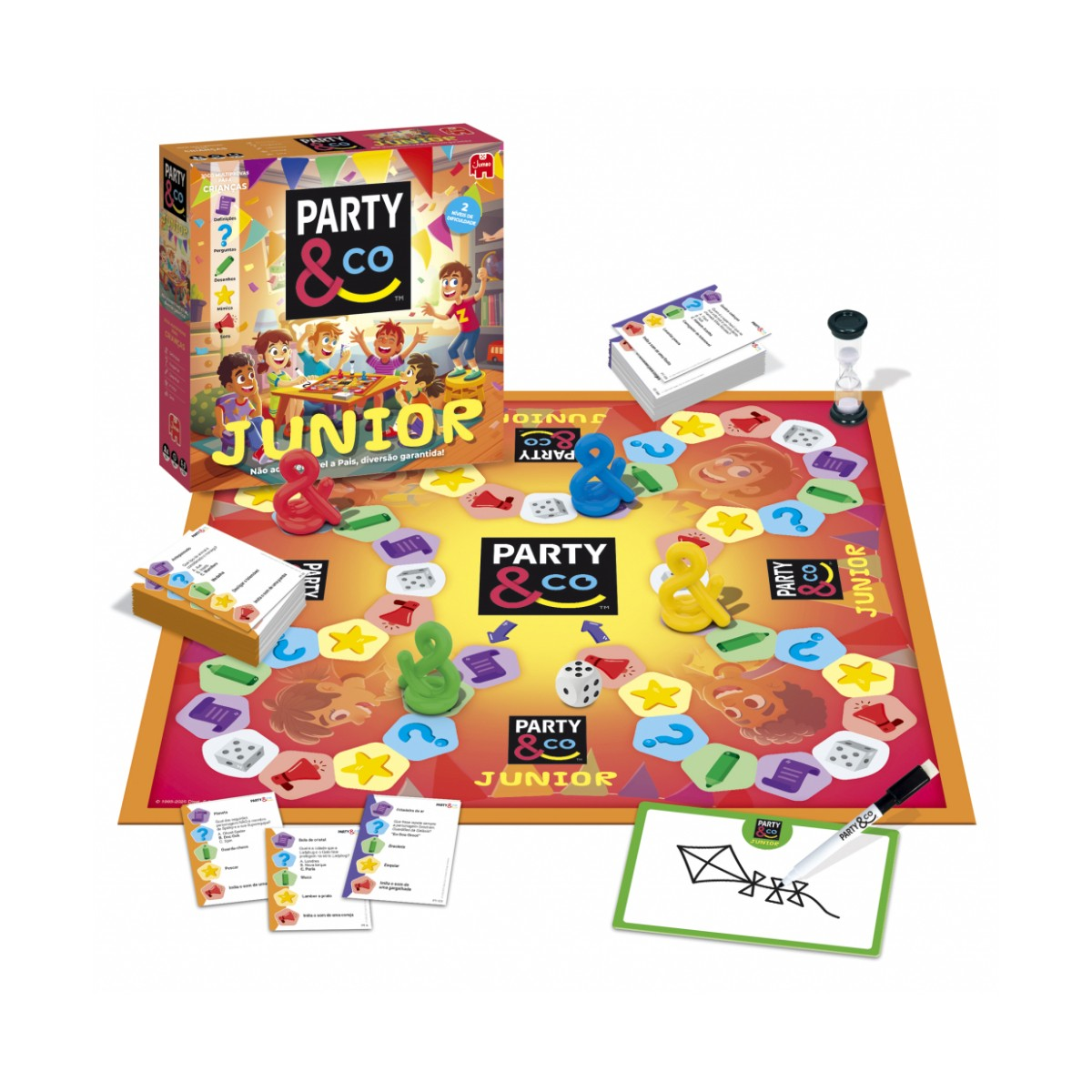 Gioco da tavolo Party & Co Junior con pezzi, carte, dadi, clessidra e lavagna da disegno.