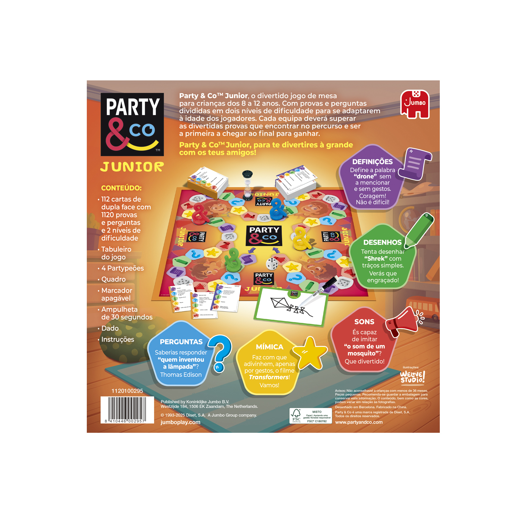 Gioco da tavolo Party & Co Junior con carte, pedine, clessidra e dado su un tabellone colorato.