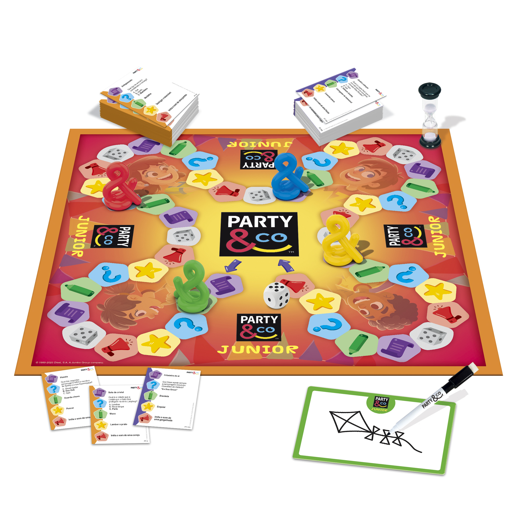 Gioco da tavolo Party & Co Junior con pedine, carte e clessidra.