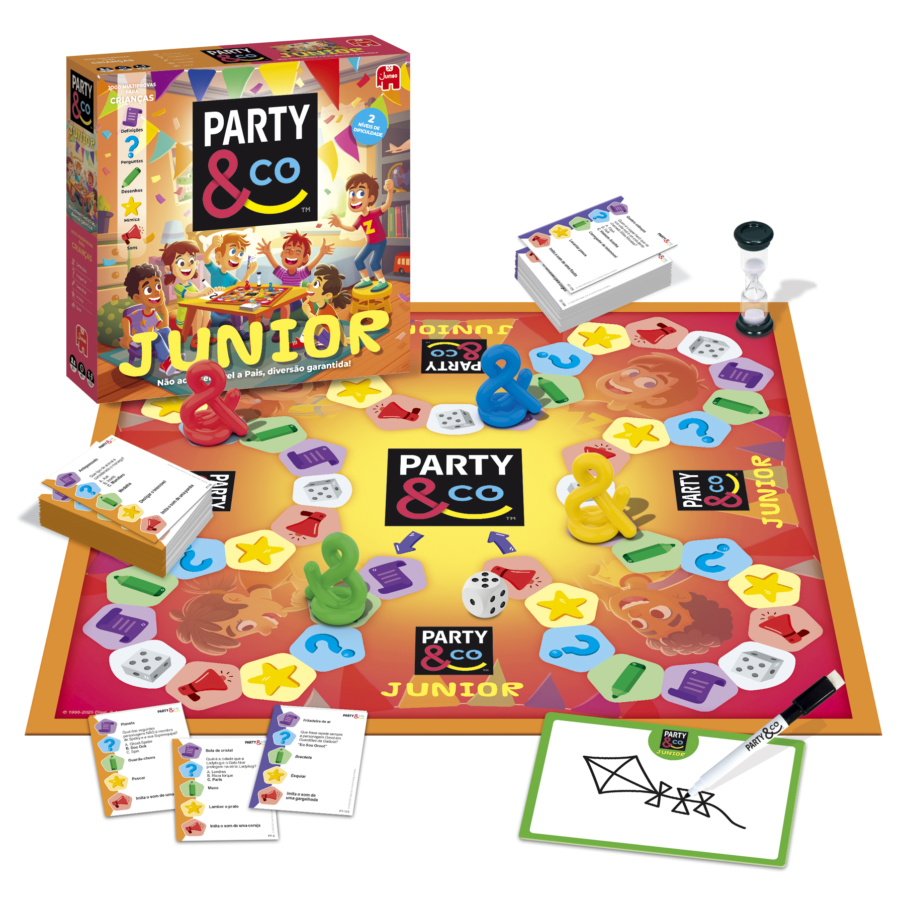 Il gioco da tavolo "Party & Co Junior" con tabellone, carte, pedine, dadi e clessidra.