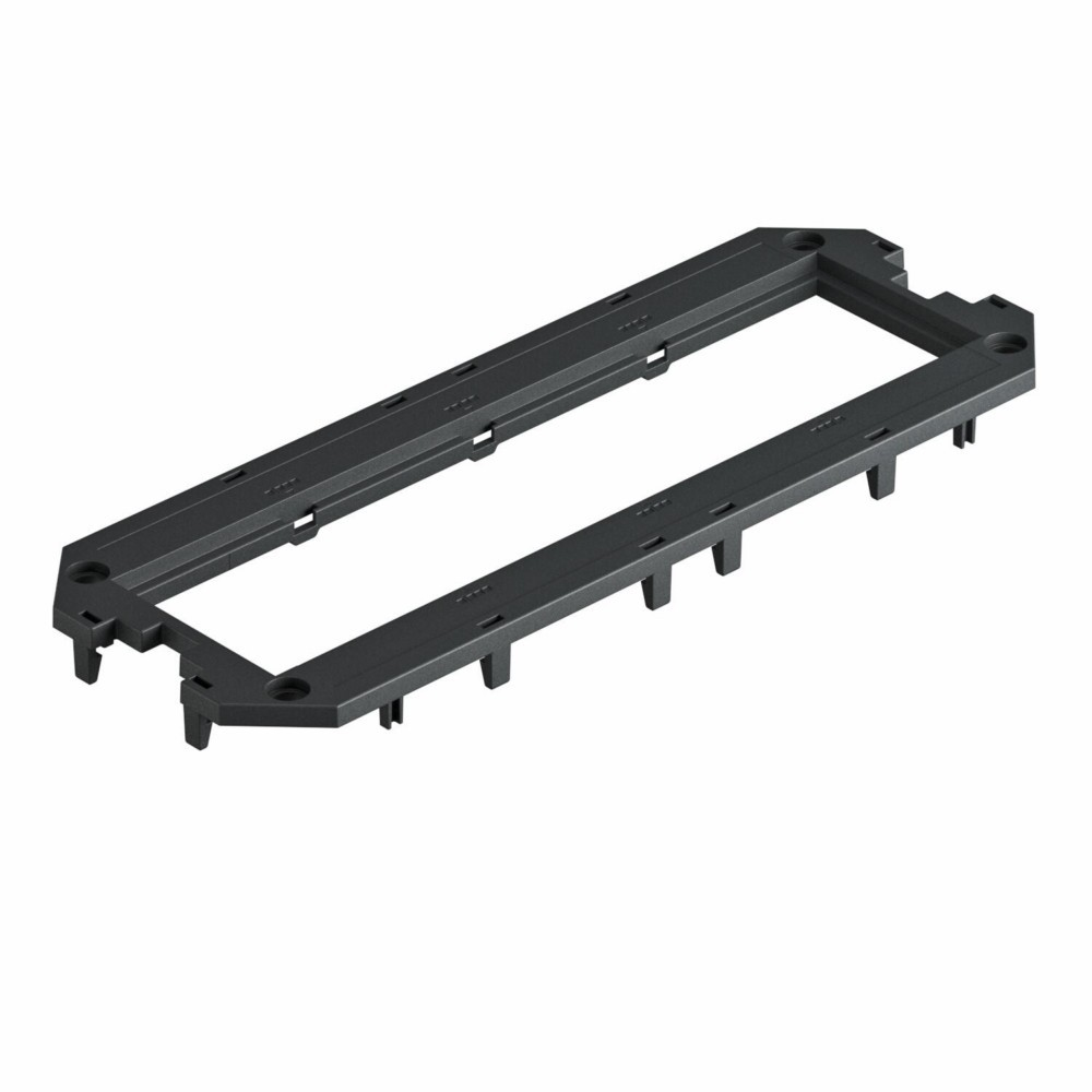 Una cornice rettangolare in plastica nera con fessure e perni.
