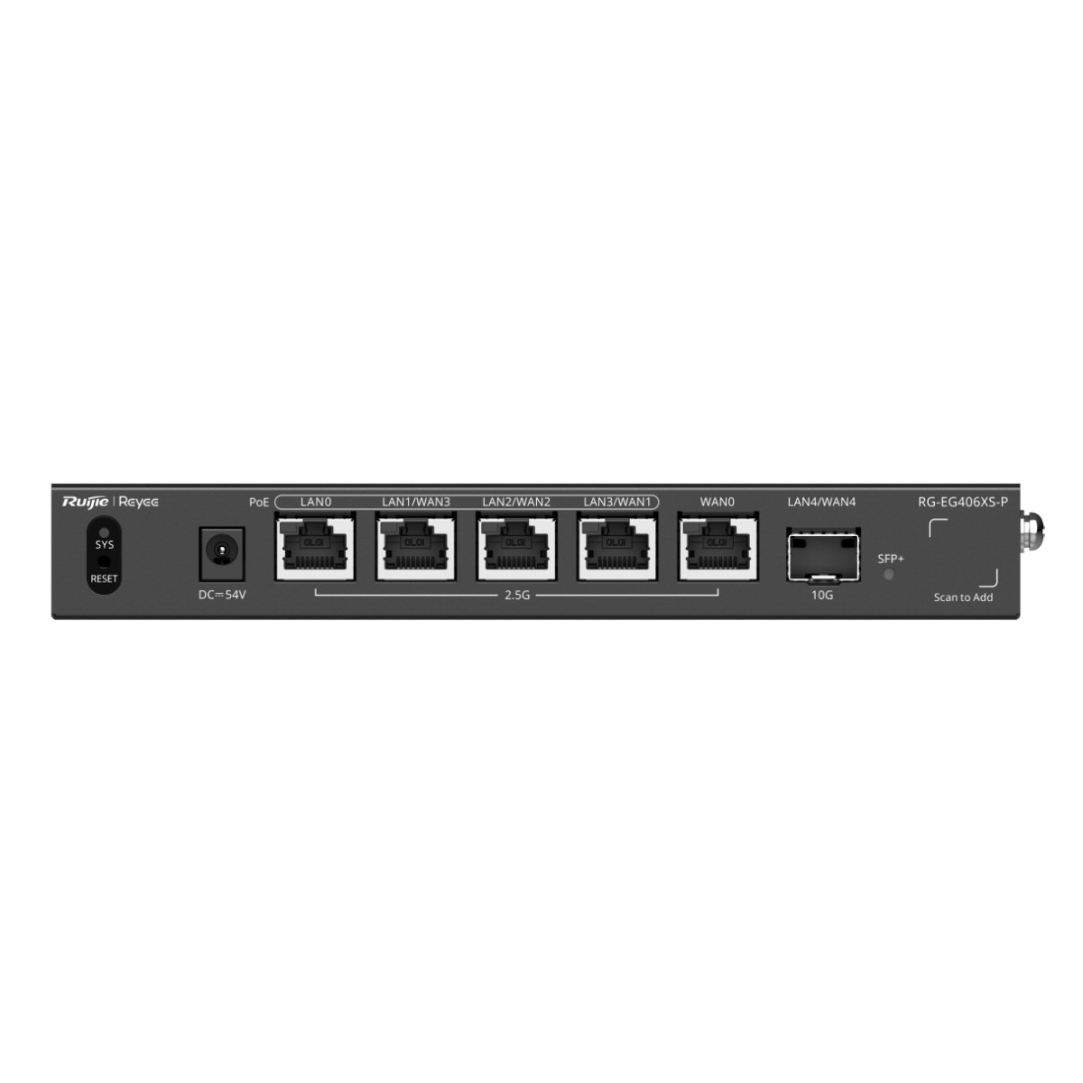 Router Ruijie Reyee RG-EG406XS-P con porte etichettate: PoE, LAN0, LAN1/WAN3, LAN2/WAN2, LAN3/WAN1, WAN0, LAN4/WAN4, 10G, SFP+