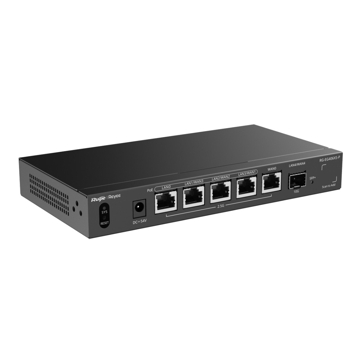 Router Ruijie Reyee RG-EG406XS-P nero con più porte LAN/WAN, ingresso DC e pulsante di reset.