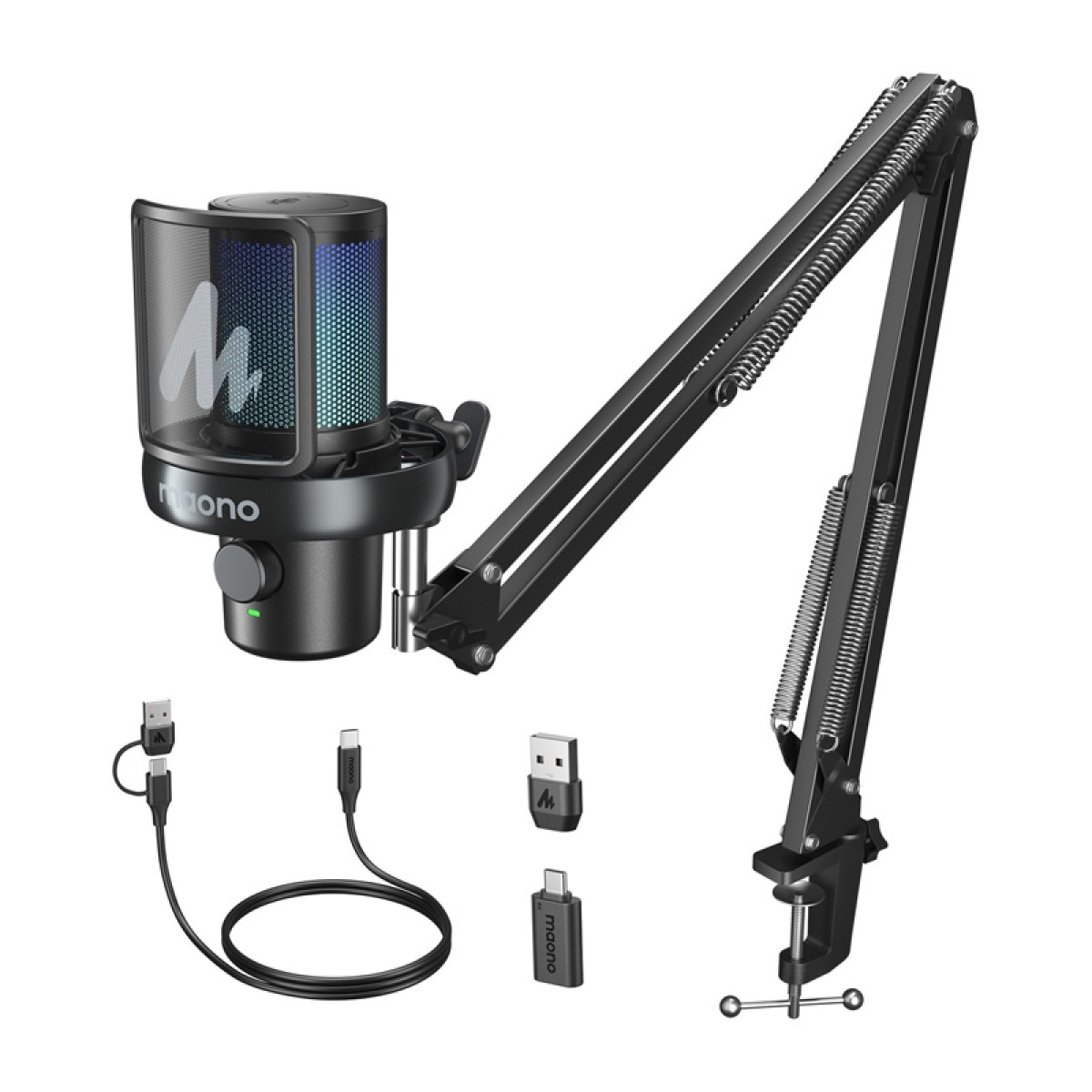 Microphone noir avec filtre anti-pop, bras de suspension, câbles USB et adaptateurs sur fond blanc.