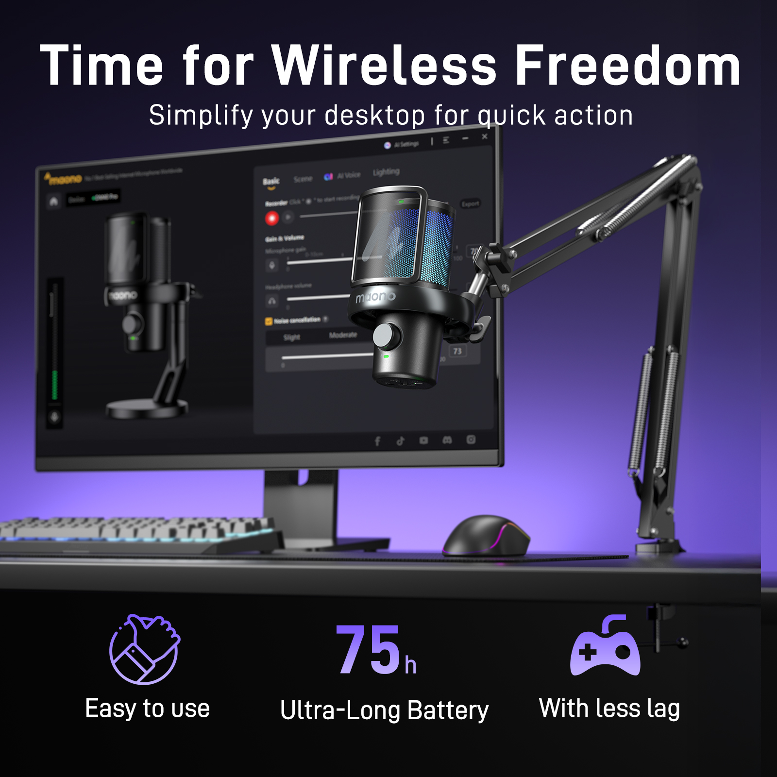 Configuration de bureau avec microphone Maono, moniteur affichant un logiciel, clavier et souris.