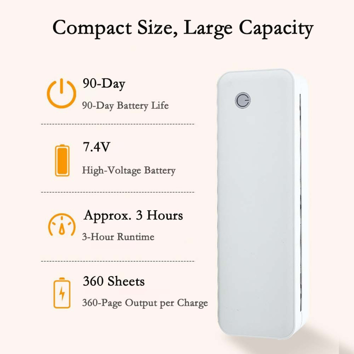 Biała przenośna ładowarka z baterią 90-dniową, 7,4V, 3h pracy, wyjście 360 arkuszy.