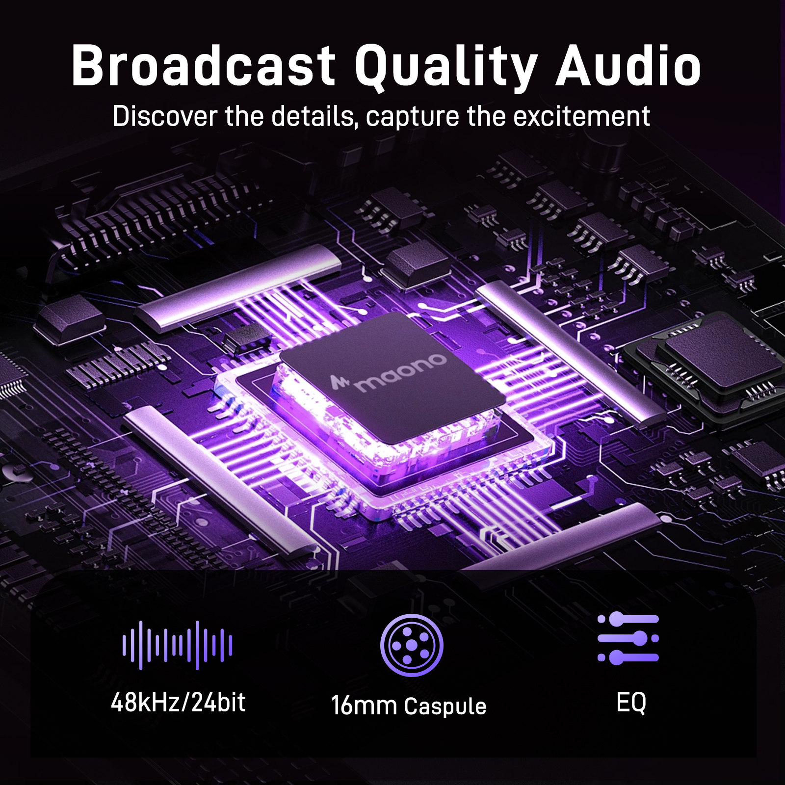 Gros plan d'une carte de circuit imprimé avec des lumières violettes et le logo Maono.