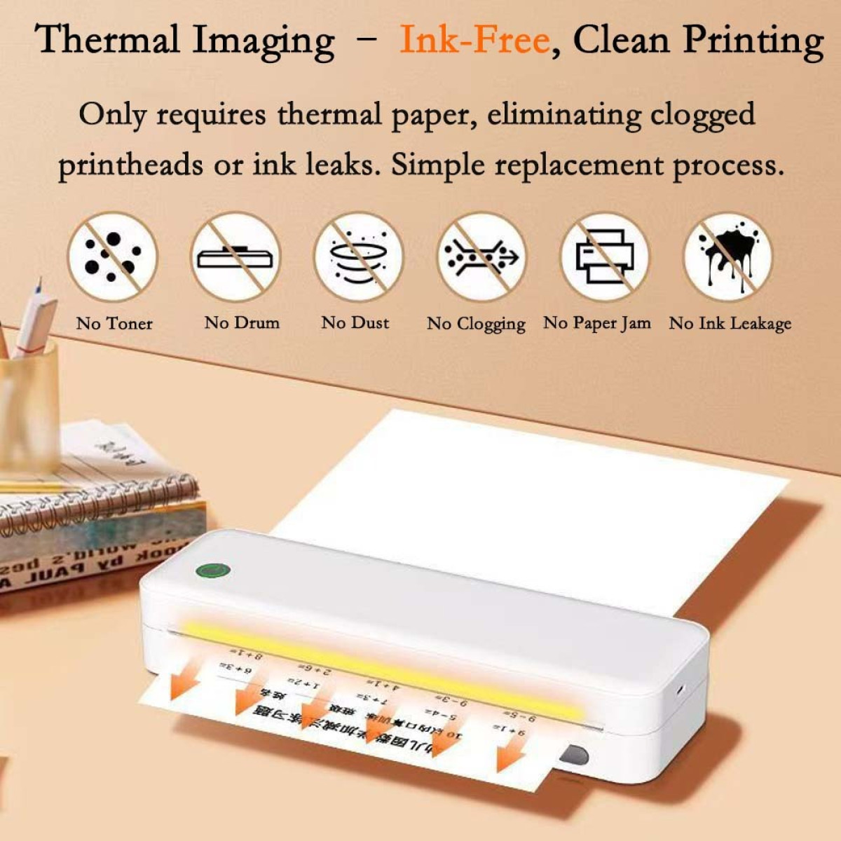 Biała drukarka termiczna drukuje papier z zadaniami matematycznymi. Tekst podkreśla drukowanie bez tuszu.