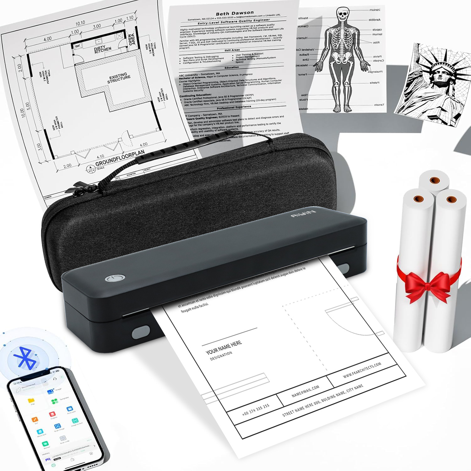 Przenośna drukarka, smartfon, plany, CV i zwinięte dokumenty leżą na białej powierzchni.