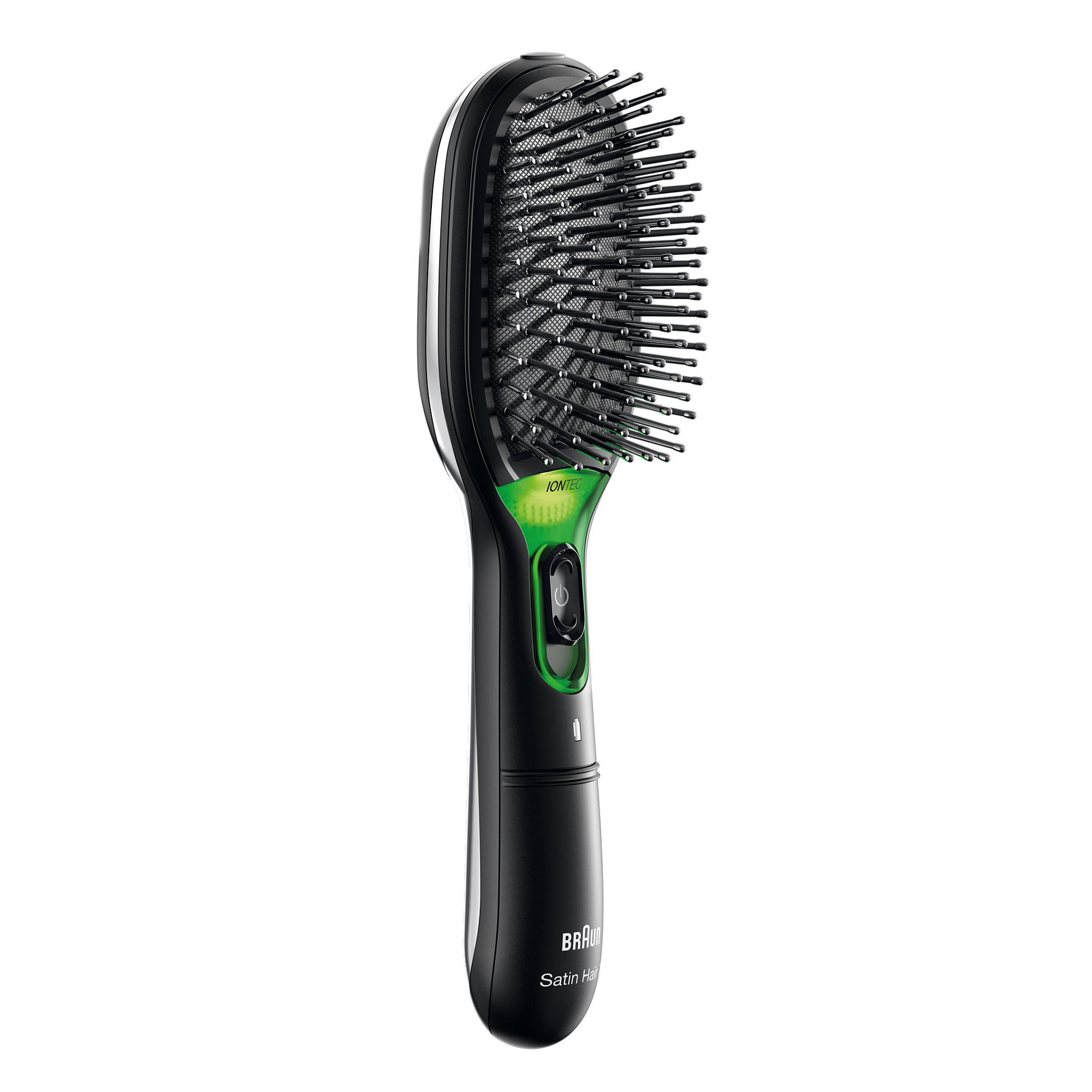 Spazzola nera Braun Satin Hair con luce verde IONTEC e pulsante di accensione.