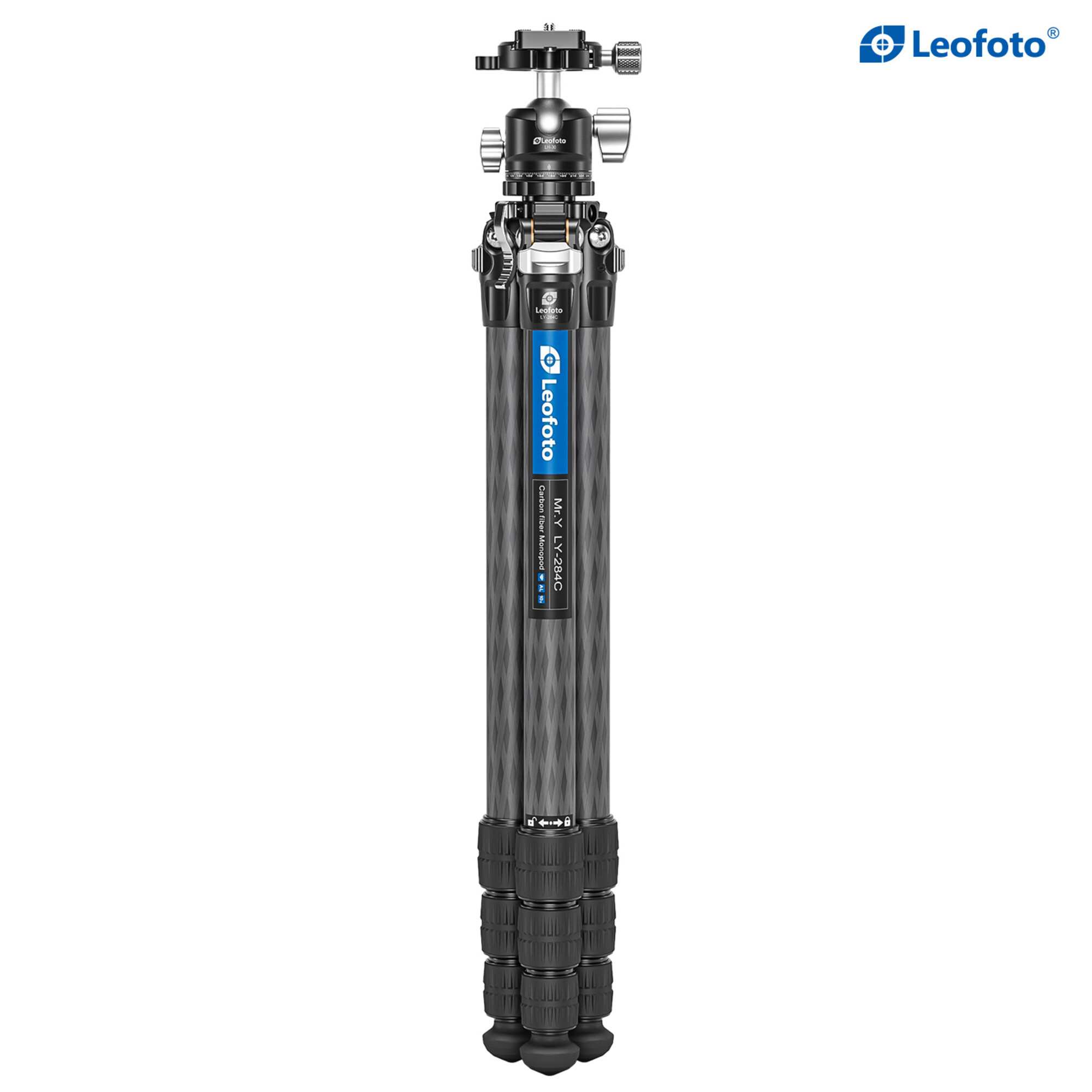 Ein schwarzes Leofoto Carbonfaser-Einbeinstativ mit Kugelkopf, vor weißem Hintergrund.