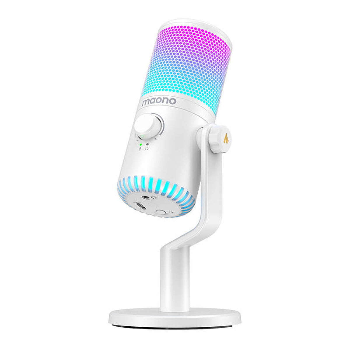 Microfono Maono bianco su supporto con illuminazione RGB in alto e in basso.