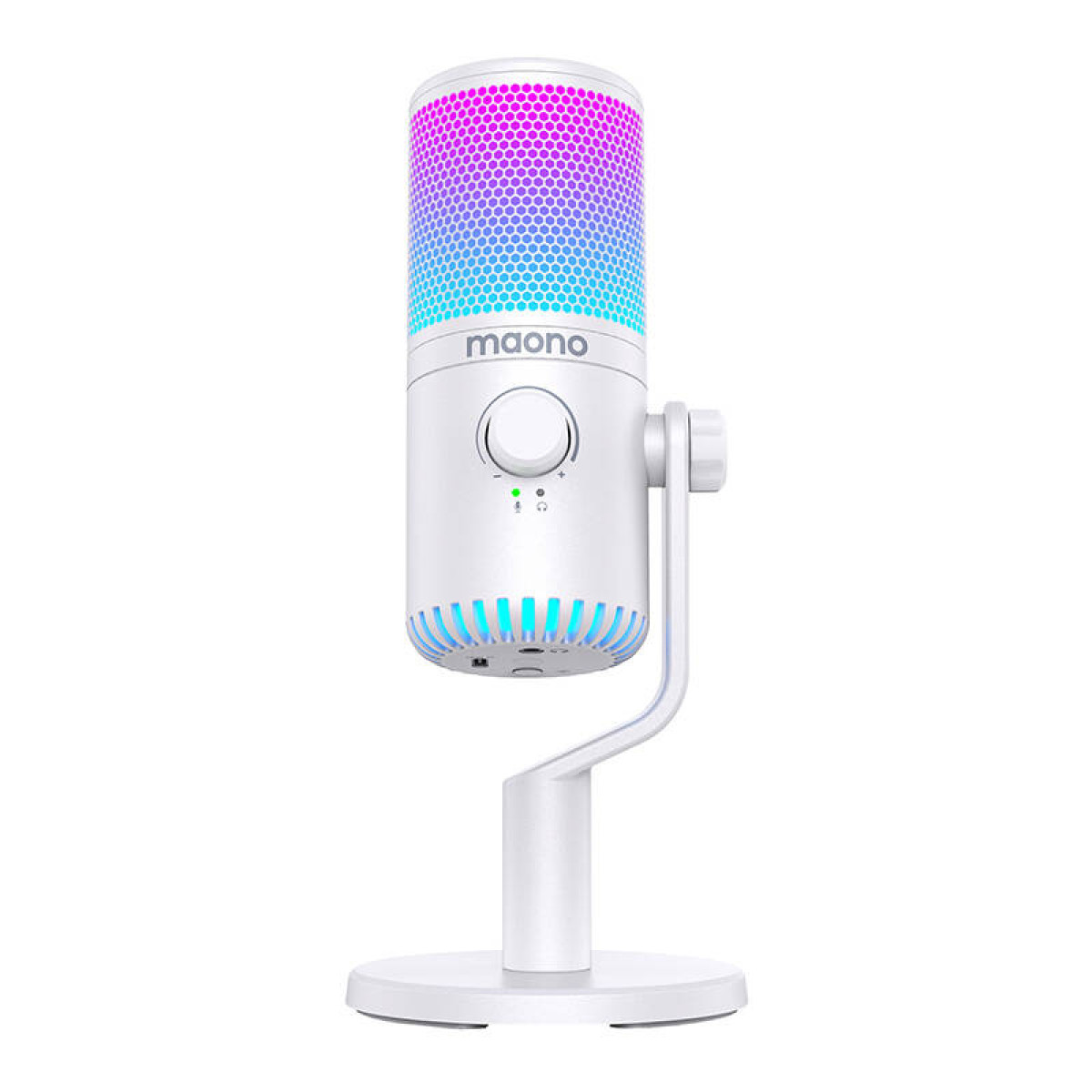 Un microfono Maono bianco con luce LED colorata e una manopola rotonda.