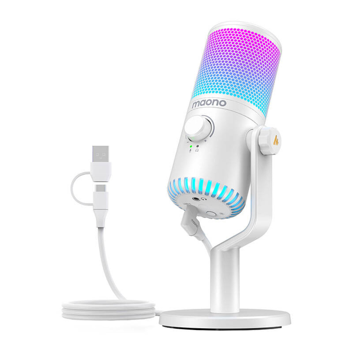 Microfono Maono bianco con cavo USB, con illuminazione RGB. Isolato su bianco.