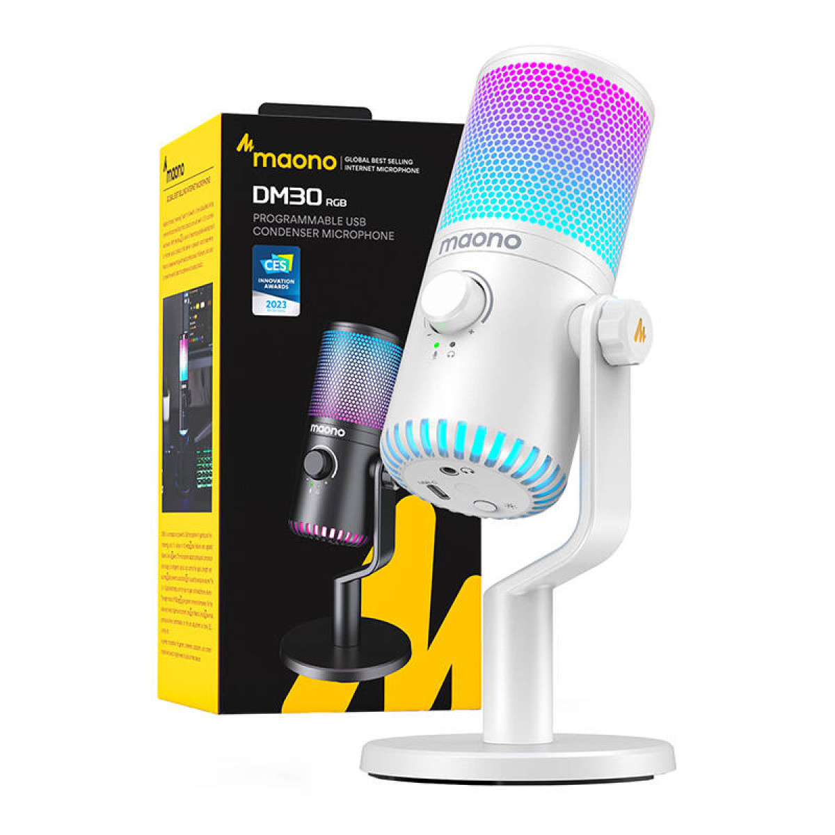 Un microfono Maono DM30 RGB bianco con luci LED colorate è accanto alla sua scatola.