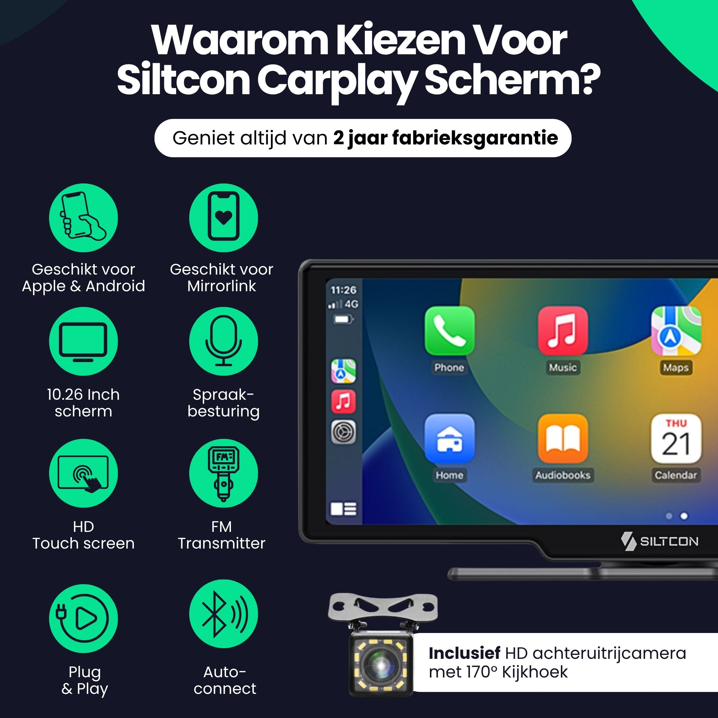 Carplay screen with icons for Apple, Mirrorlink, phone, music, maps, audiobooks, calendar, and rear camera.