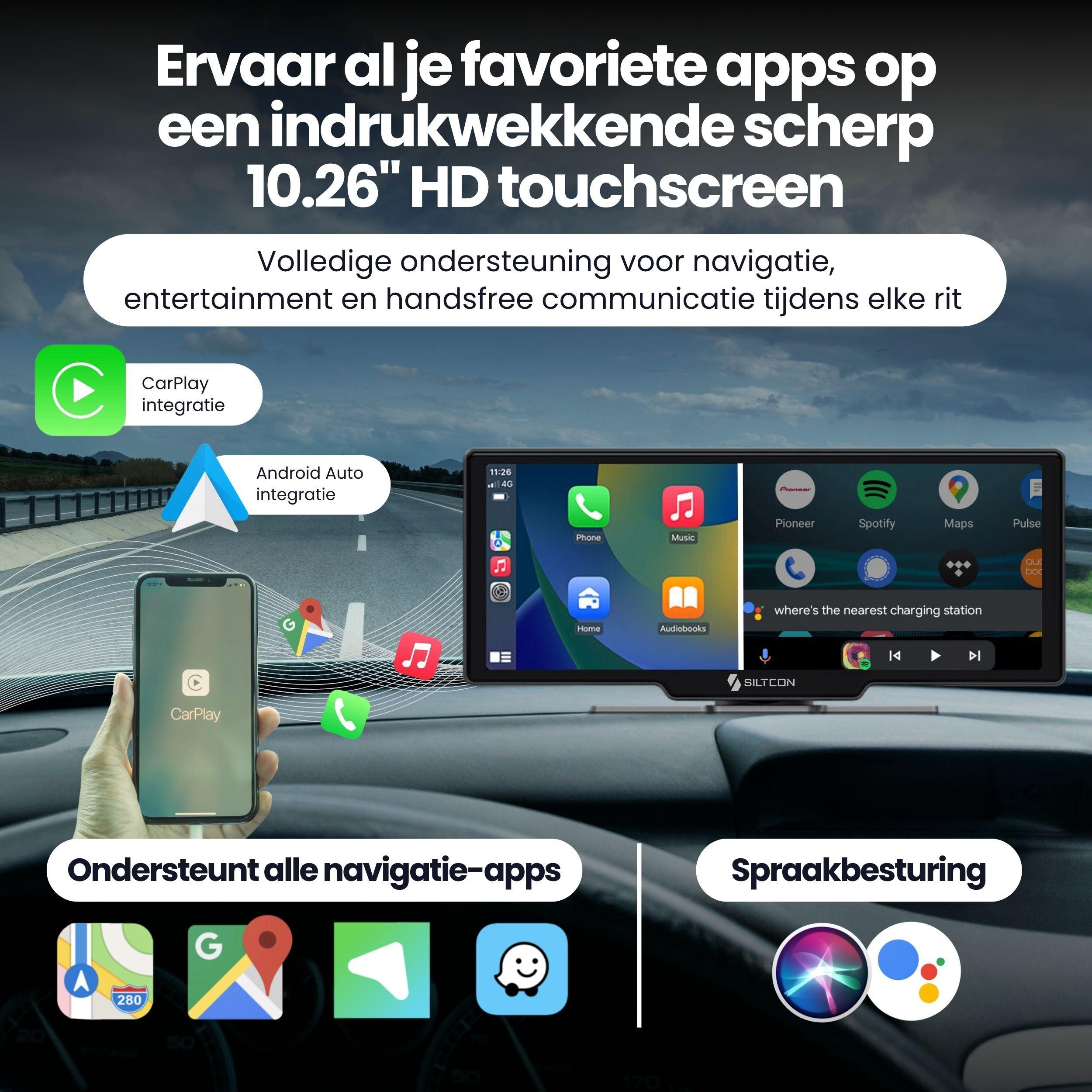 Car display shows CarPlay and Android Auto. Icons for apps like Spotify, Maps, Phone.