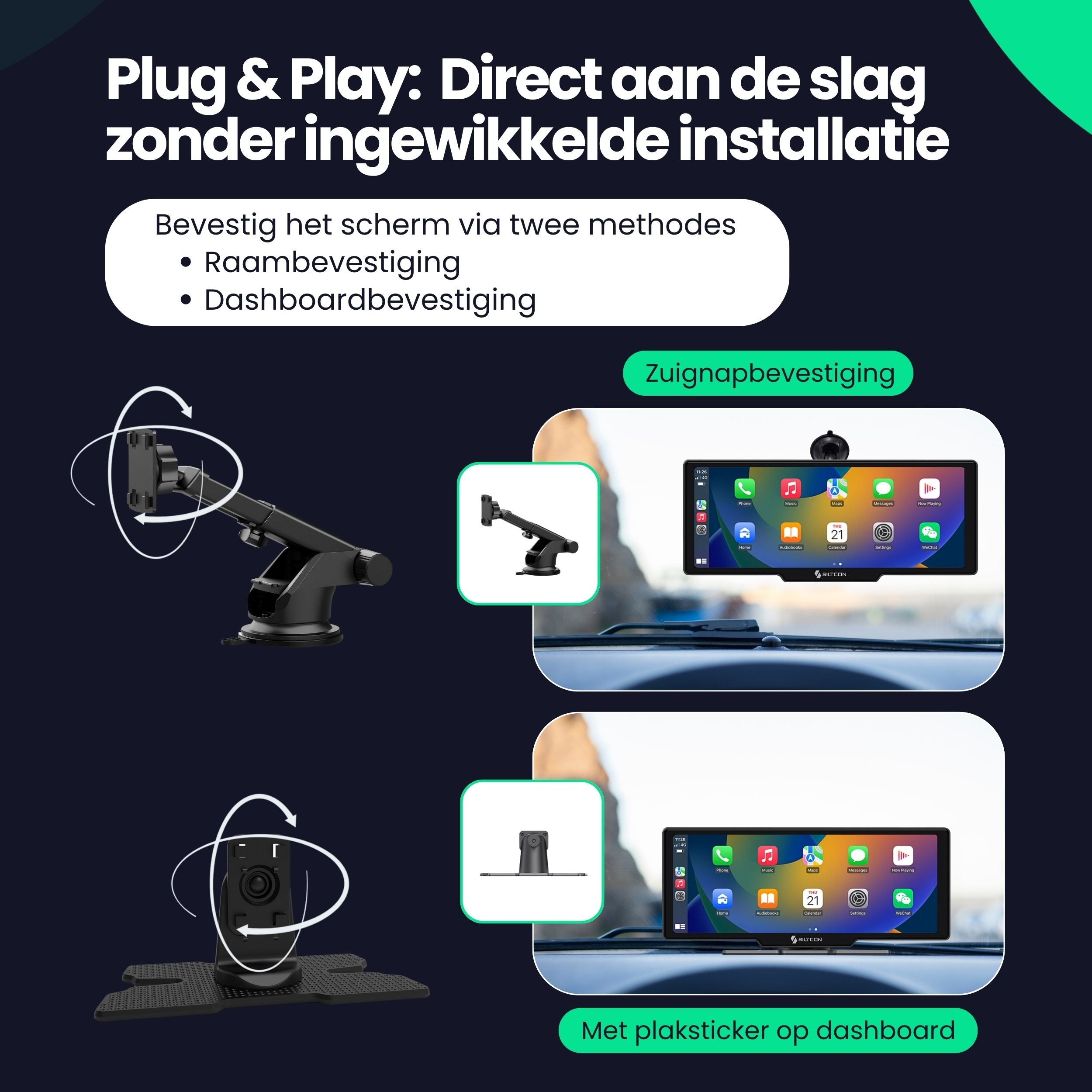 Auto-montage opties: zuignap voor voorruit, dashboardhouder met sticker.
