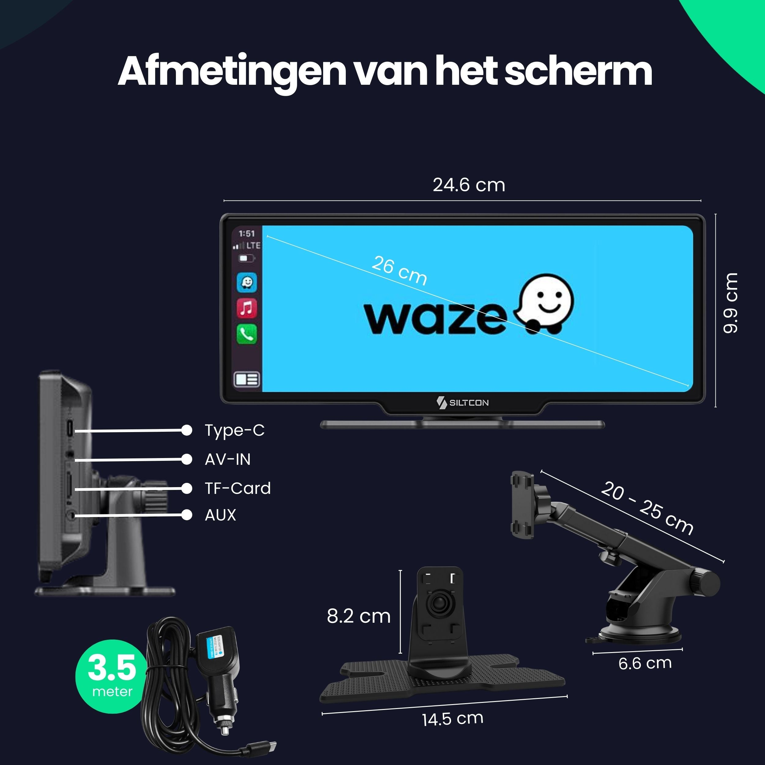 Schermafmetingen met accessoires: 24,6 cm breed, 9,9 cm hoog.