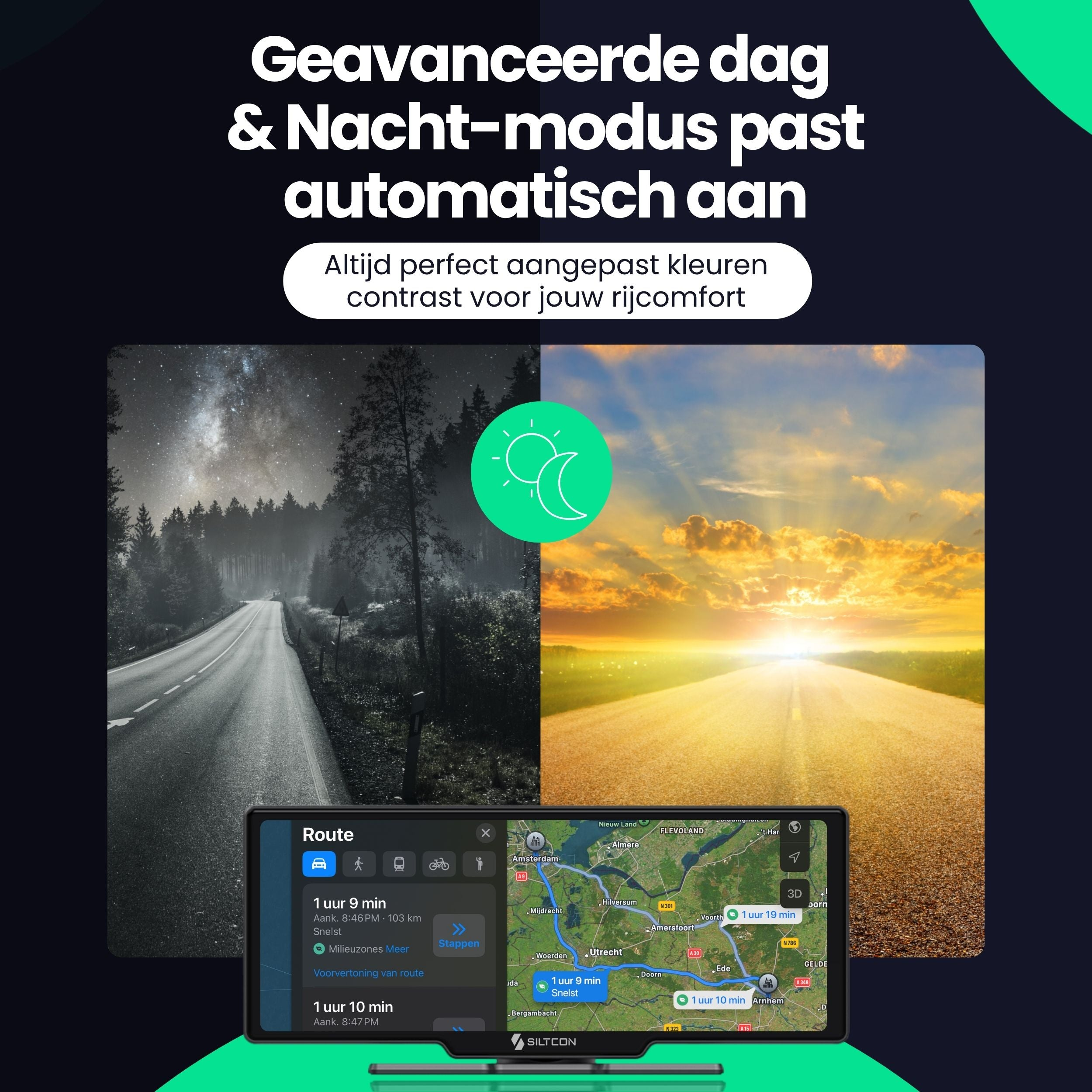 Wegoverzicht dag en nacht, met navigatie-app.