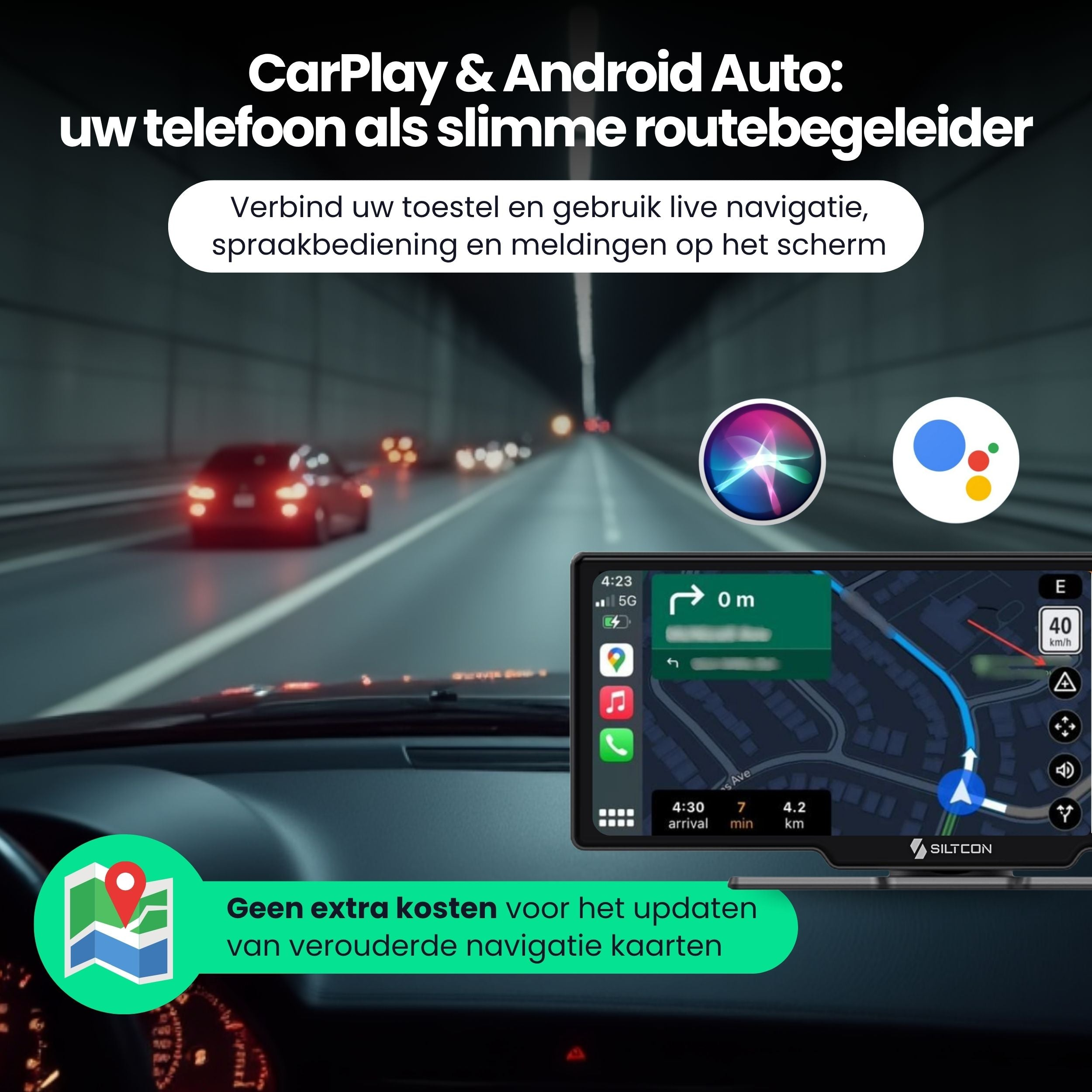 Car navigation system with CarPlay, Android Auto and map.