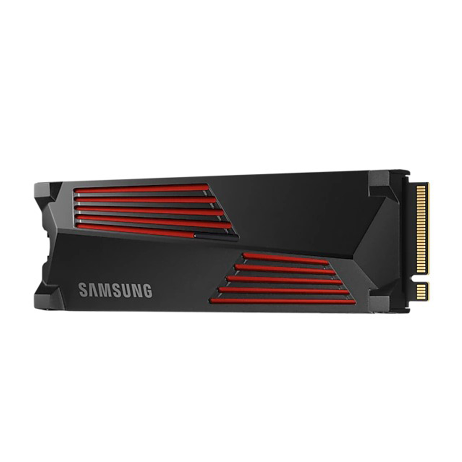 SSD Samsung nero con accenti rossi e connettore dorato su sfondo bianco.