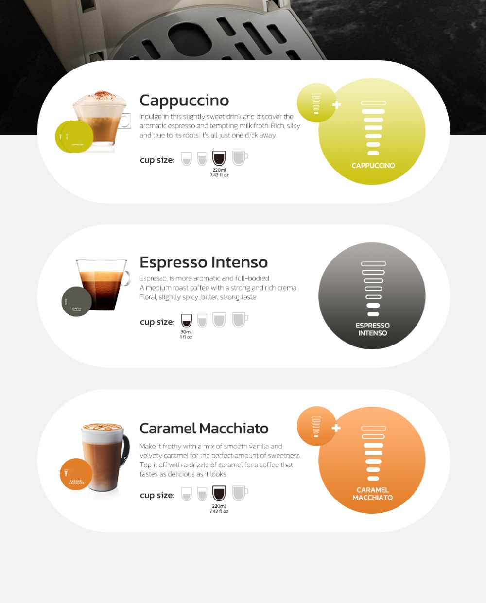 Tres tipos de café: Capuchino, Espresso Intenso, Caramel Macchiato con descripciones.