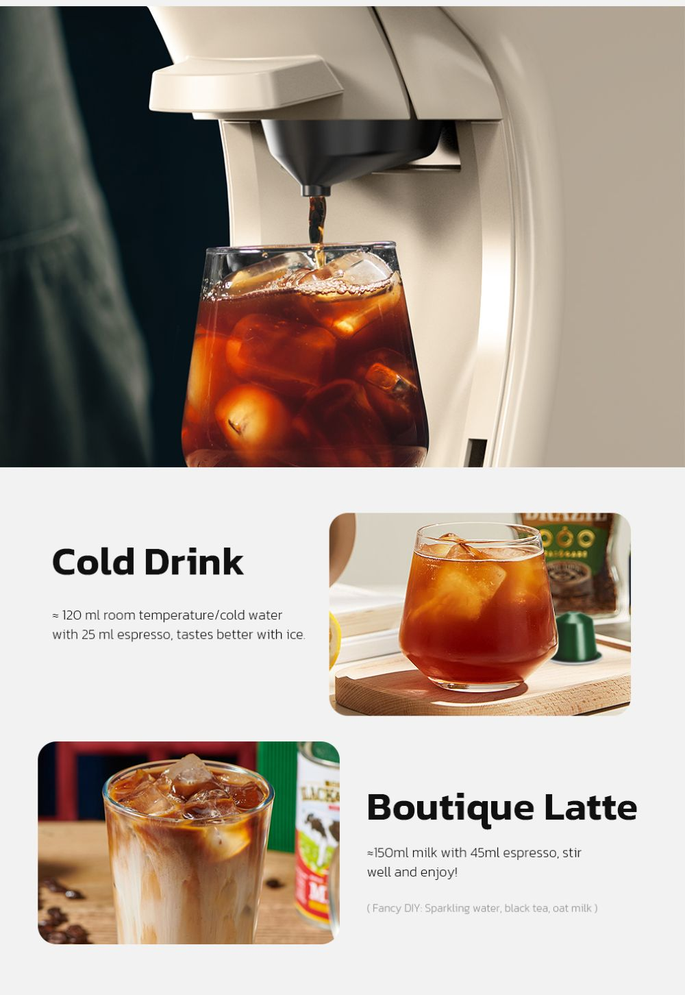 El espresso se vierte en un vaso de café helado. Se muestran dos bebidas de café.