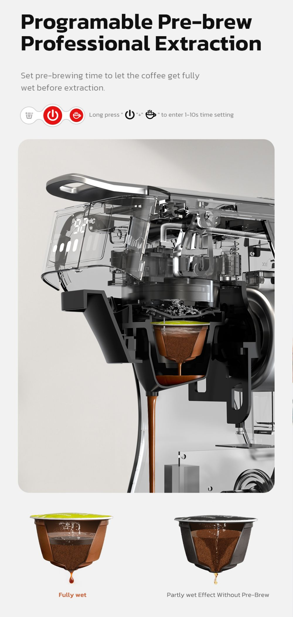 Vista interna de cafetera, mostrando proceso de infusión y cápsulas de café.