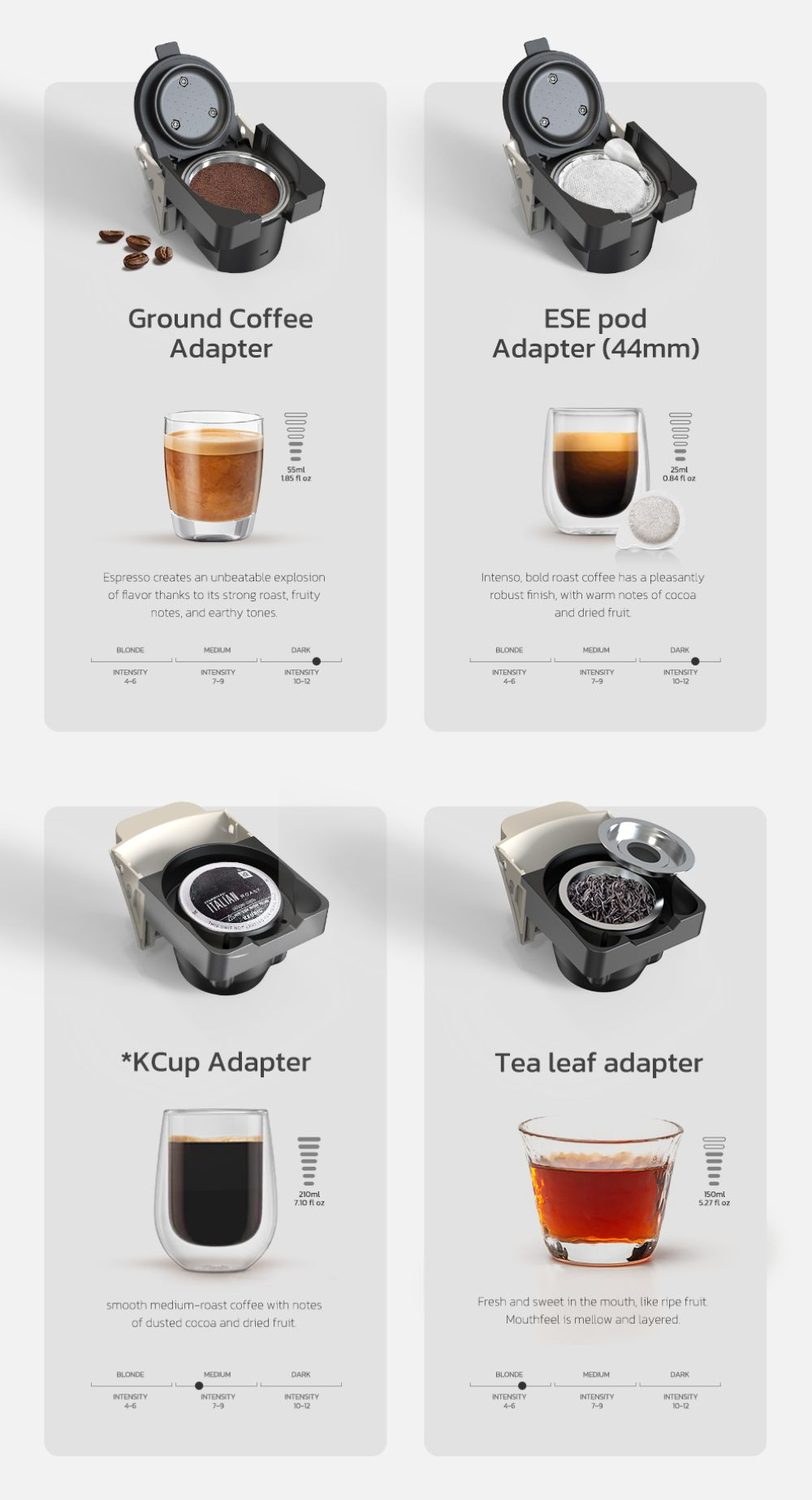 Adattatori per caffè macinato, cialde ESE, K-Cup e foglie di tè con tazzine da espresso.