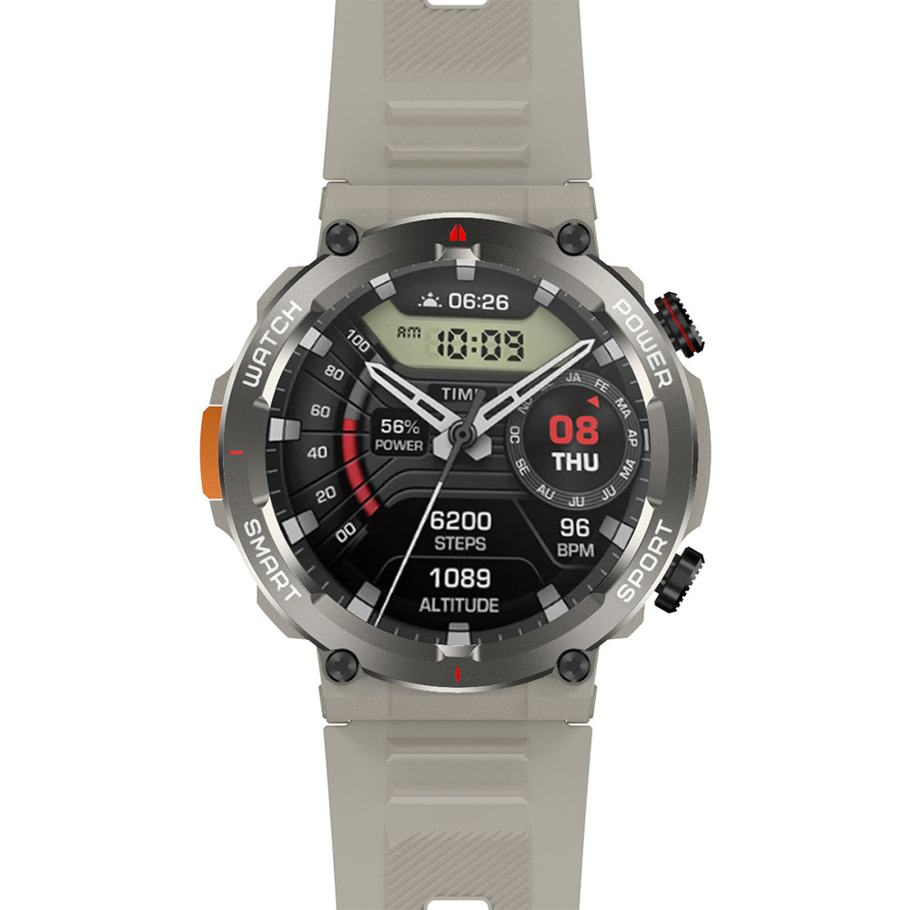 Uno smartwatch grigio mostra ora, 56% batteria, 6200 passi, altitudine e 96 BPM.