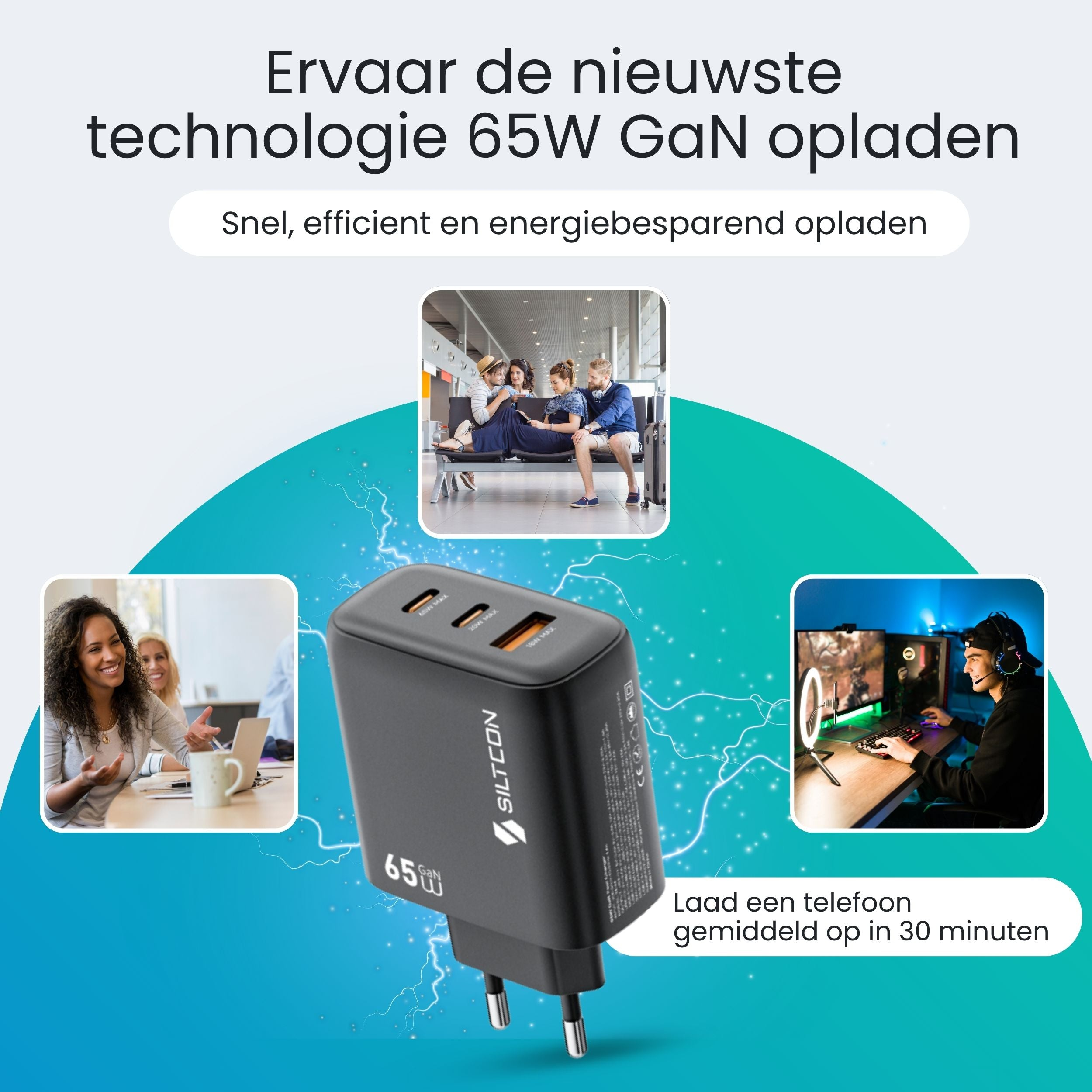 Een 65W GaN-oplader met drie poorten, omringd door beelden van reizende, werkende en gamende mensen.